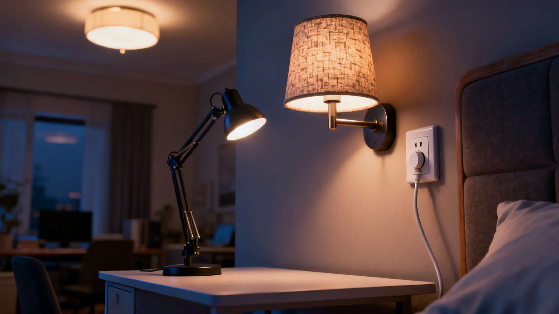 Layered lighting with dimmable ceiling light, bedside sconce and task lamp in a versatile room.