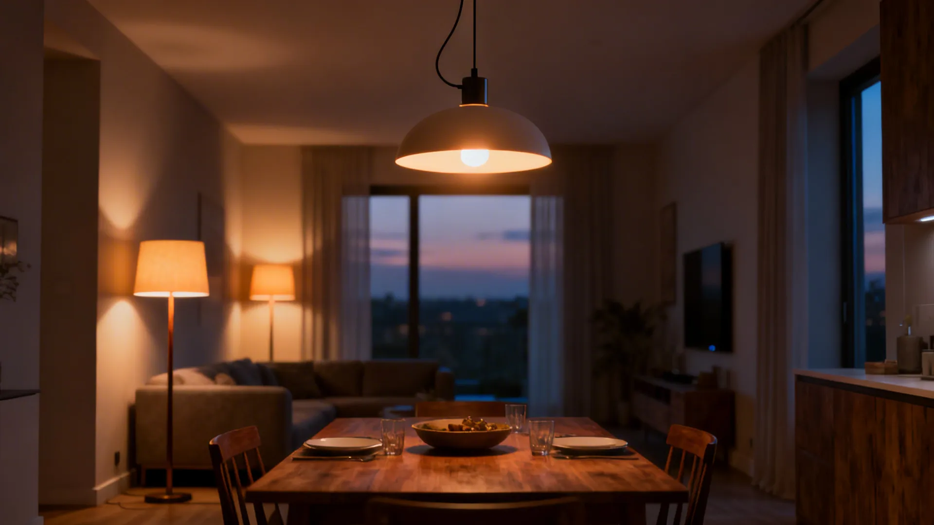 Layered lighting with a pendant over the dining table and warm floor lamps in the living area