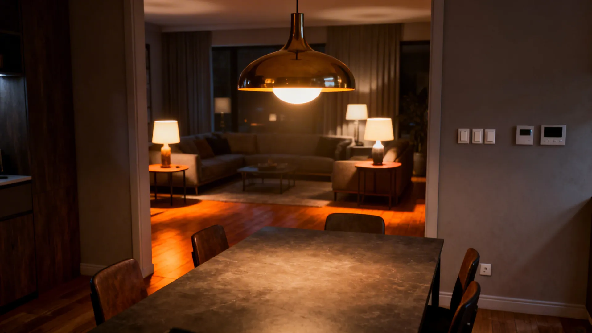 Layered lighting with a pendant above the dining table and warm low lamps in the living area creating separate moods.