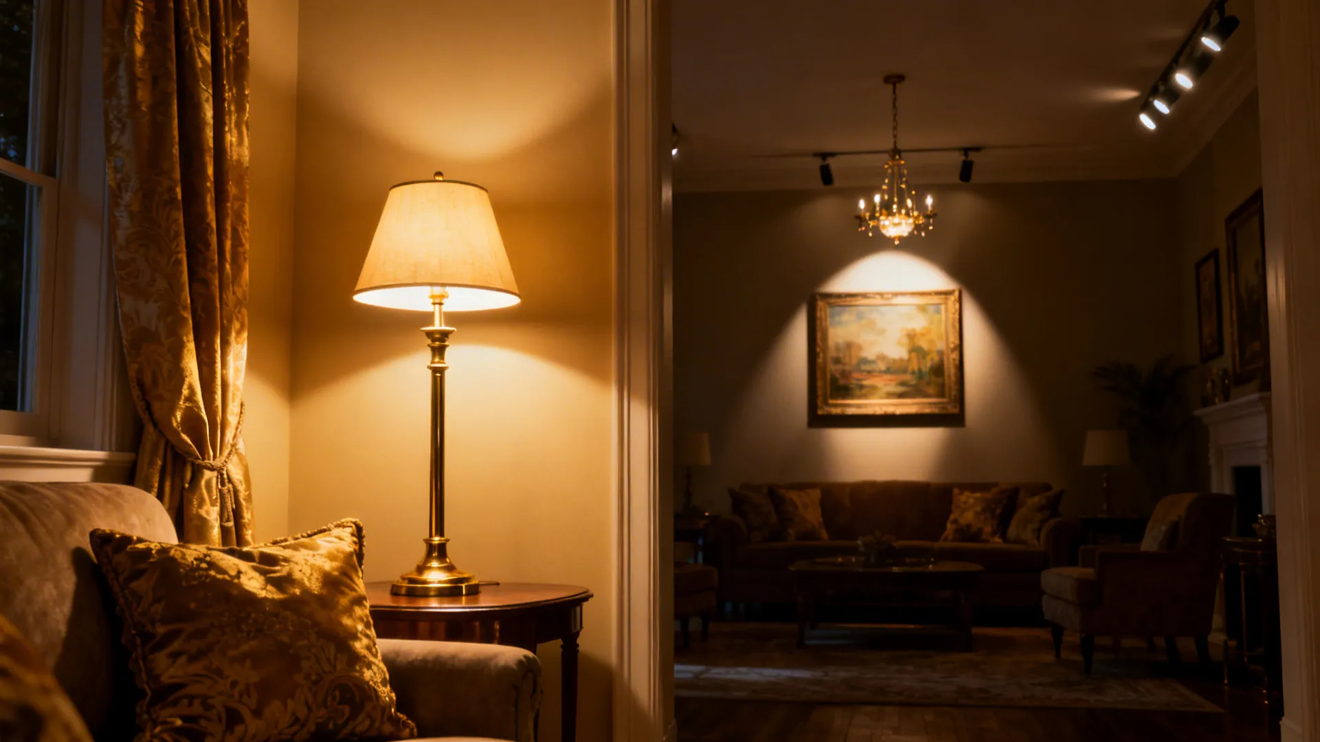 Layered lighting with warm table lamp in living area and directional picture lights in the drawing room.