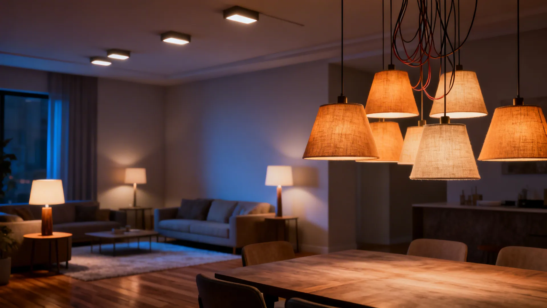 Layered lighting with pendants over dining table and warm lamps in the living area to define zones.