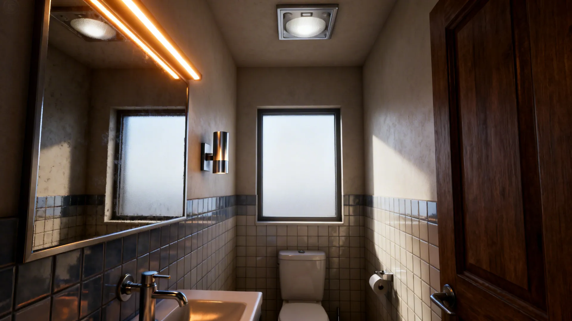 Layered lighting options and swatches for a small toilet room