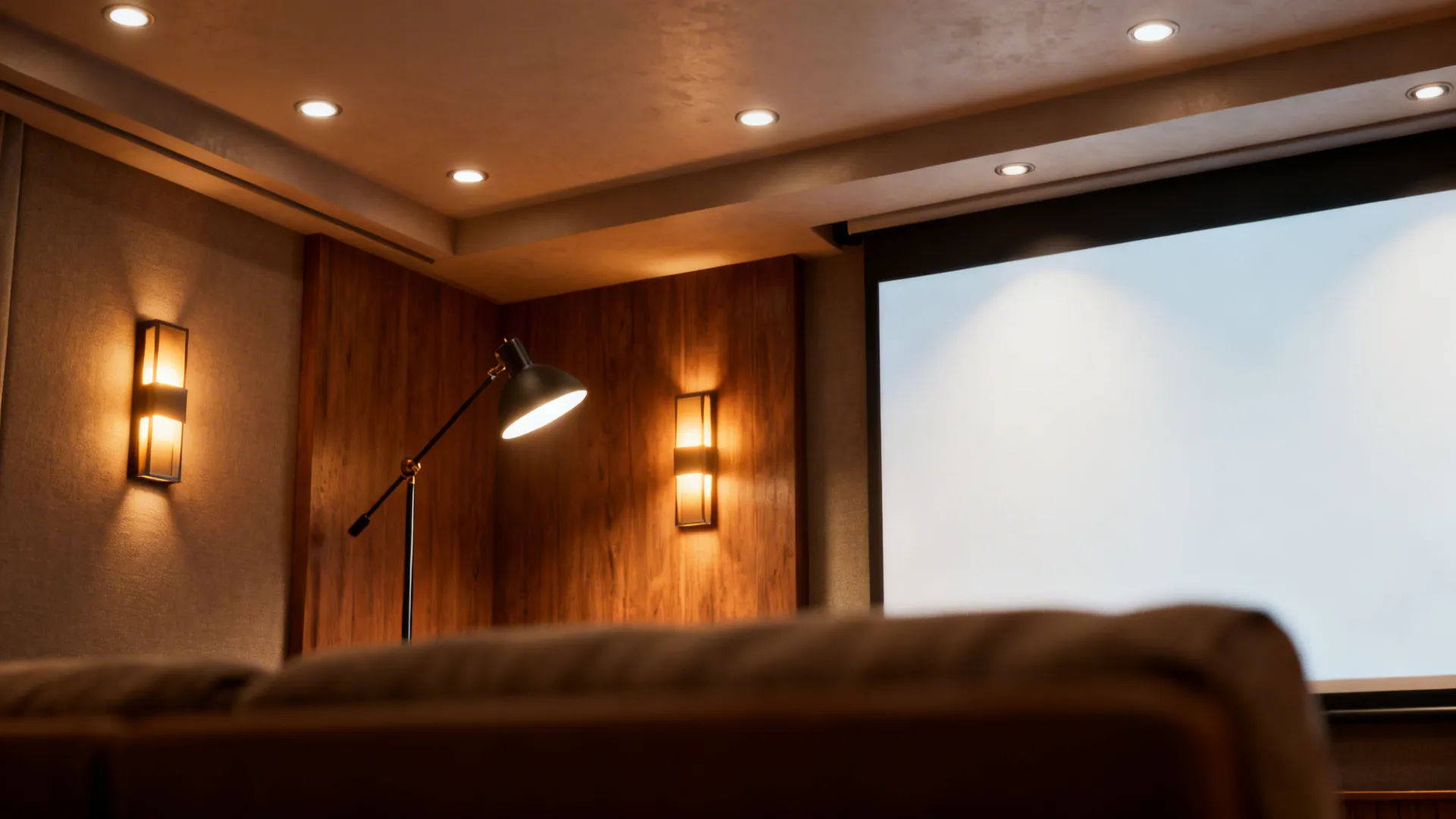 Detail of layered lighting in a living room: recessed ambient, floor lamp, and wall sconces creating warm, functional lighting.