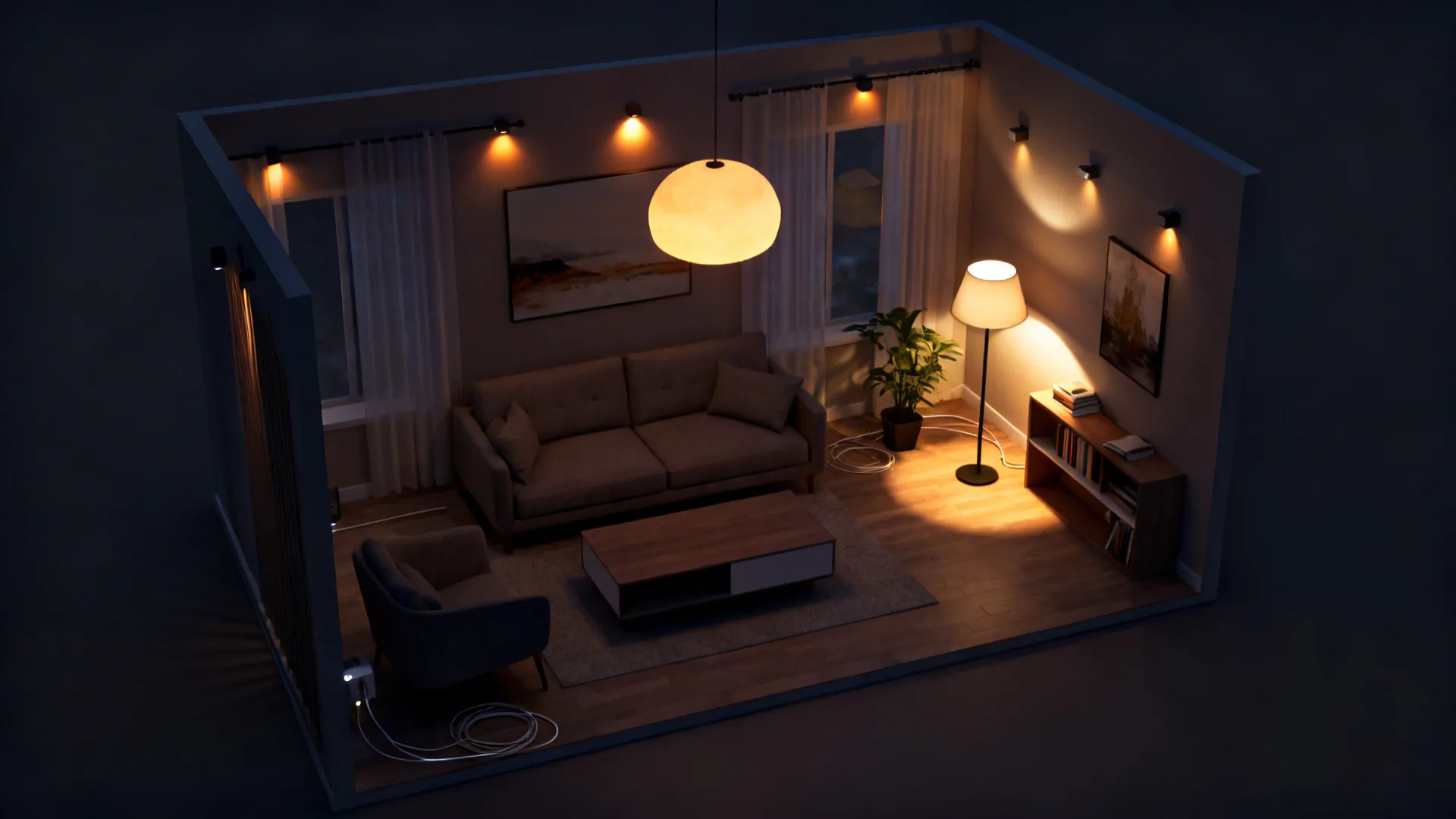 Top-down view showing ambient, task, and accent lighting layers in a small living room.