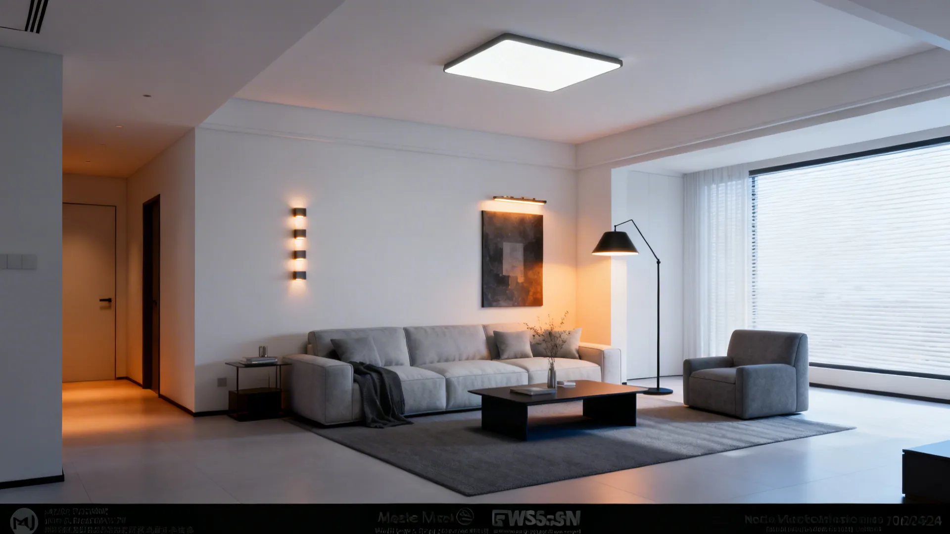 White and grey living room showcasing layered ambient, task, and accent lighting