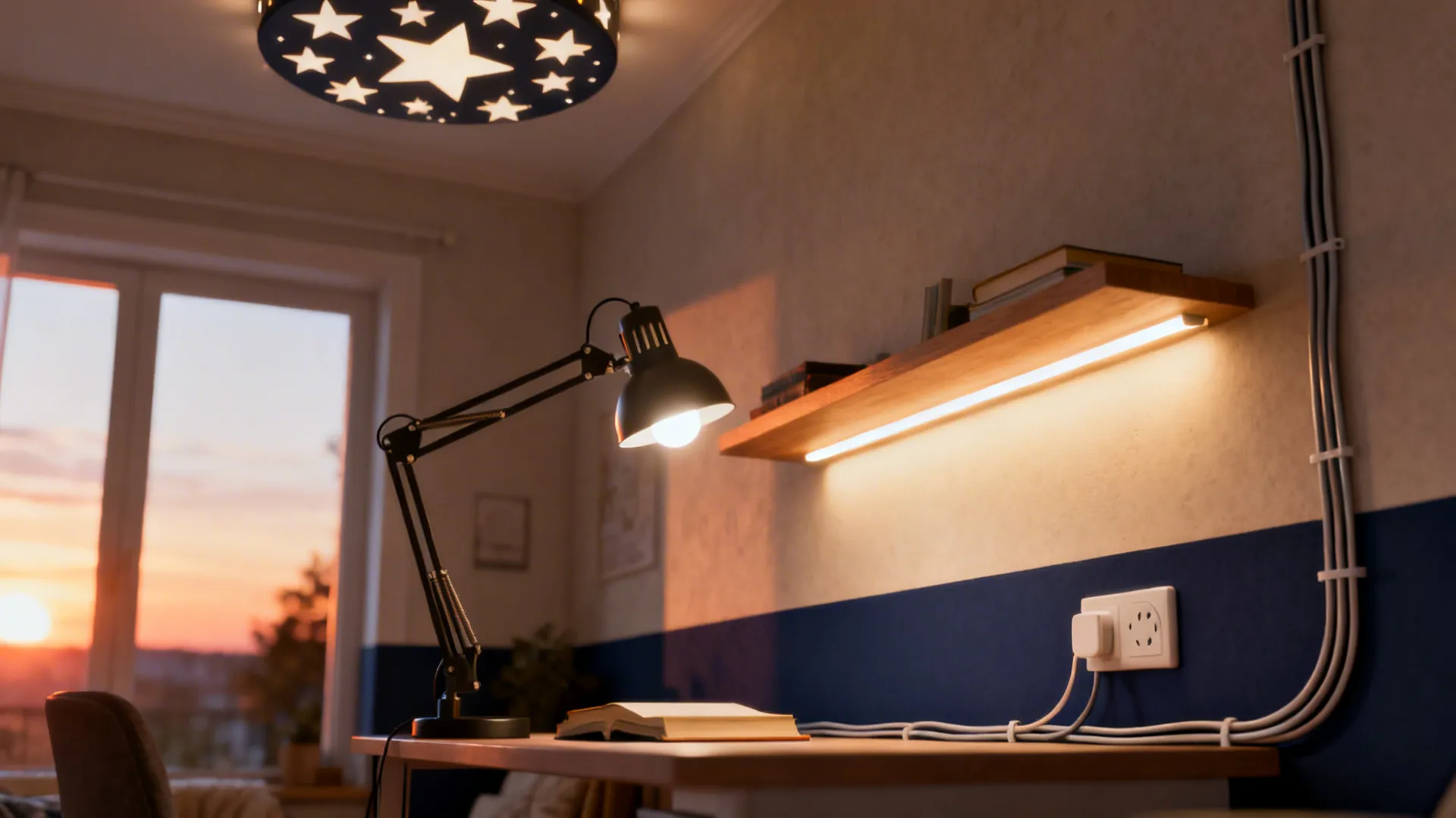 Layered lighting with a star ceiling light, task lamp, and under-shelf LED strip in a cozy kids nook.