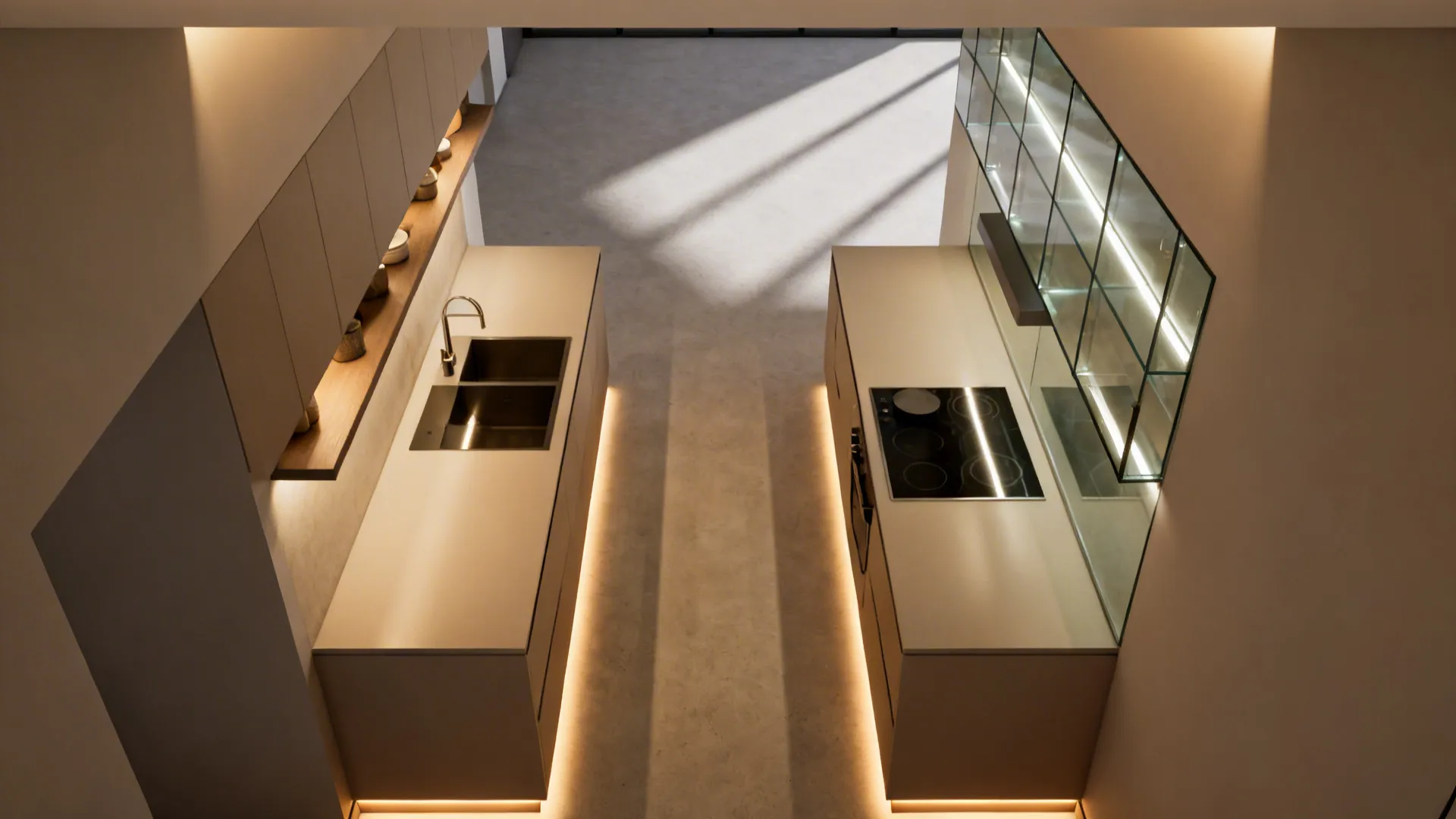 Top-down view illustrating layered lighting beams in a galley kitchen.