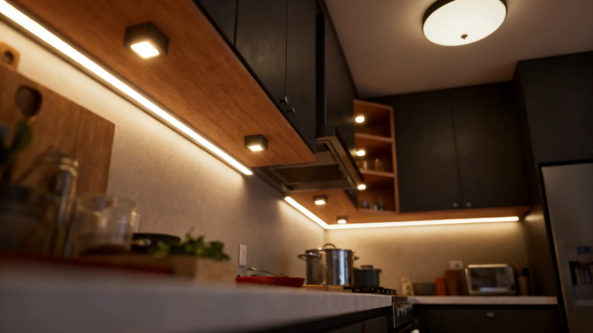 Layered lighting in a small L-shaped kitchen with under-cabinet, accent shelf, and ceiling lights.
