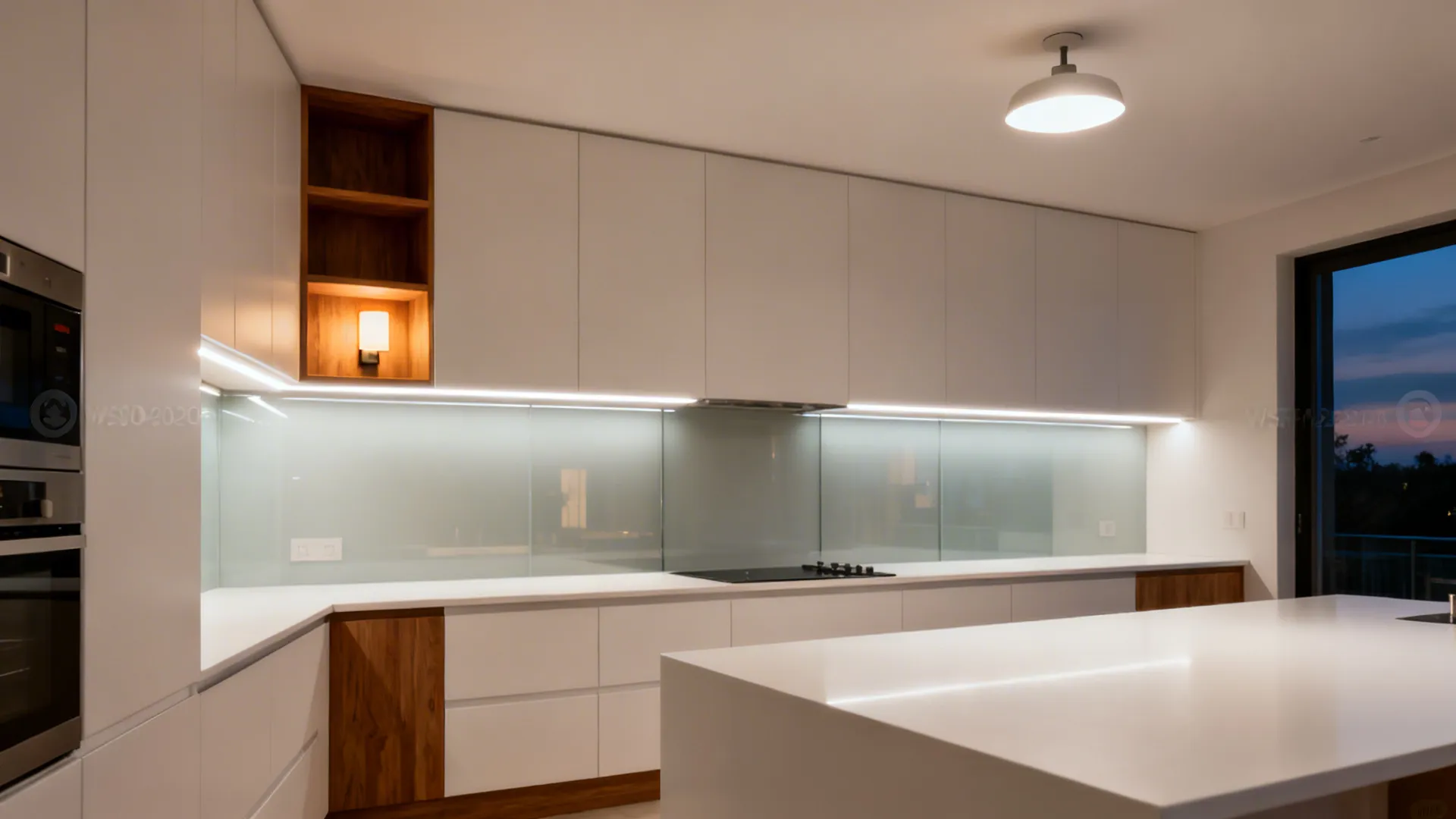 Modern white kitchen cabinets featuring wood accents, large island, under cabinet lights, and ceiling light