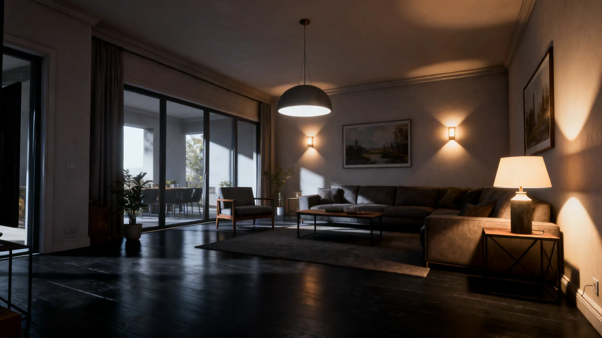 Living room with dark floors showing ambient, task, and accent lighting layers.