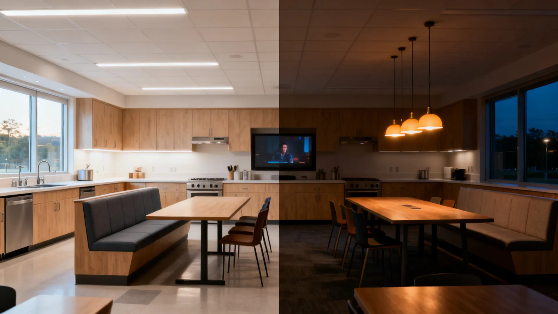 Split view showing bright prep lighting by day and warm, dimmed ambiance by night.