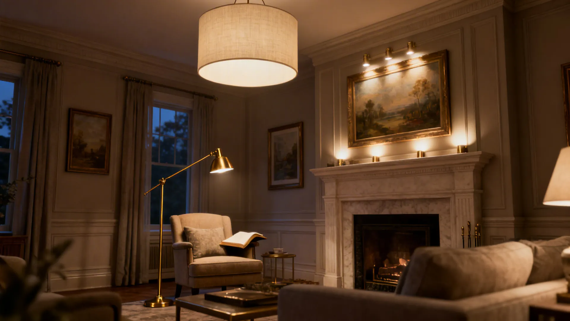 Classic living room with a linen drum pendant, swing-arm floor lamp, and picture lights creating layers of light.