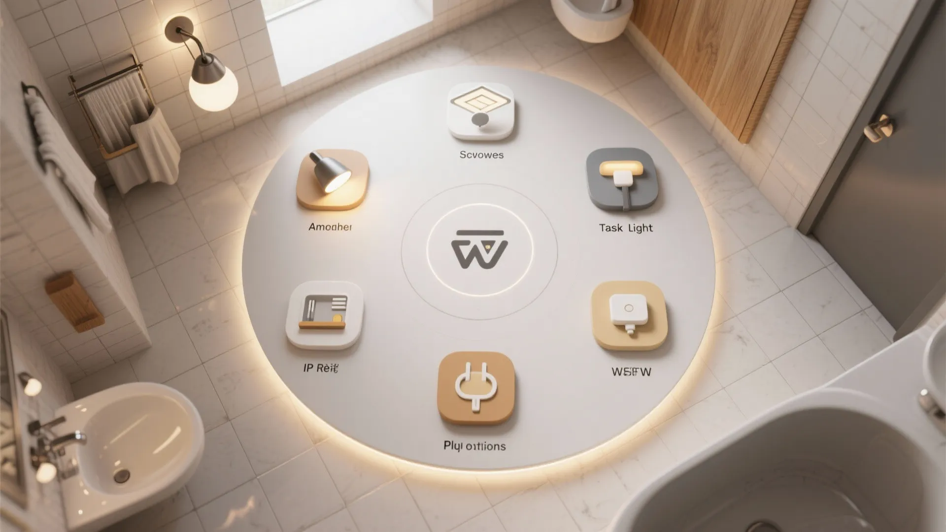 Infographic showing various bathroom lighting options like task light and wall light in circular menu