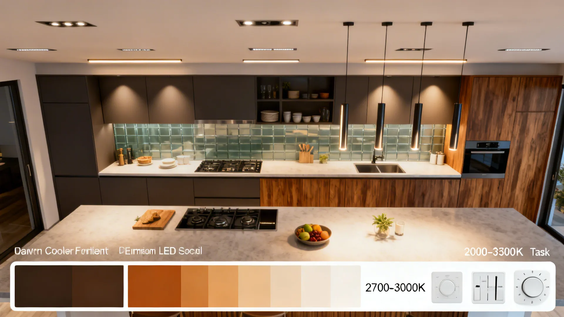 Flat lay showing recessed ambient lights, under-cabinet LEDs, pendants, dimmers, and warm color temperature swatches.