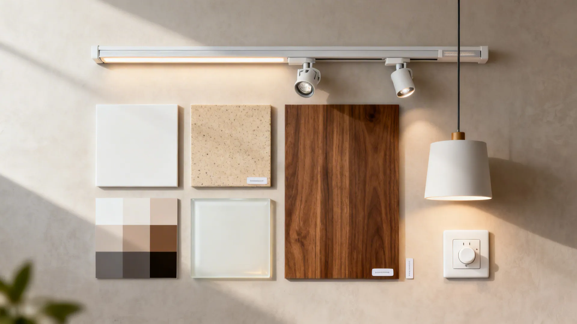 Flat lay of LED strips, spot modules, a drum pendant, and material swatches for a small kitchen.