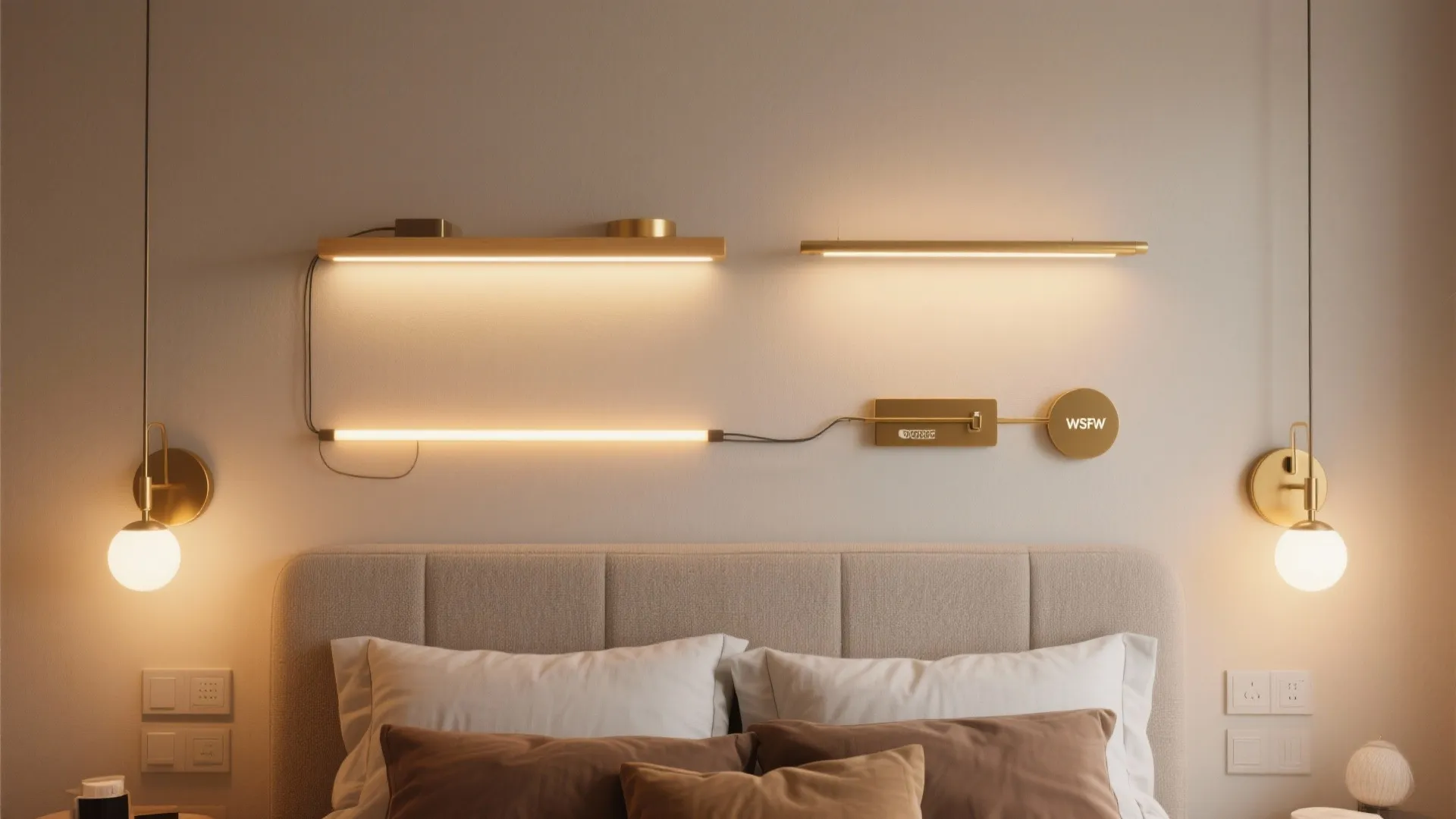 Warm bedroom wall with several golden light fixtures glowing above a beige headboard and comfortable pillows