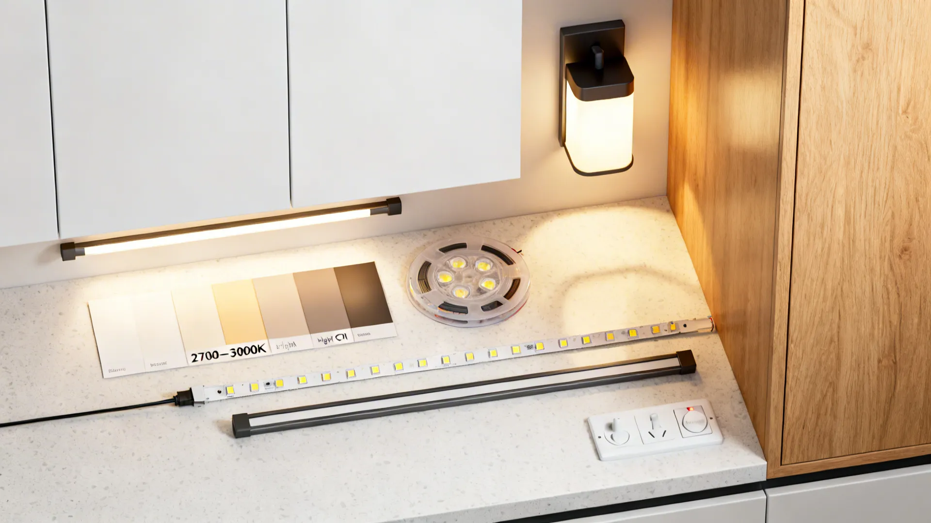 Kitchen countertop with LED light strips wall light color swatches and under cabinet light fixture