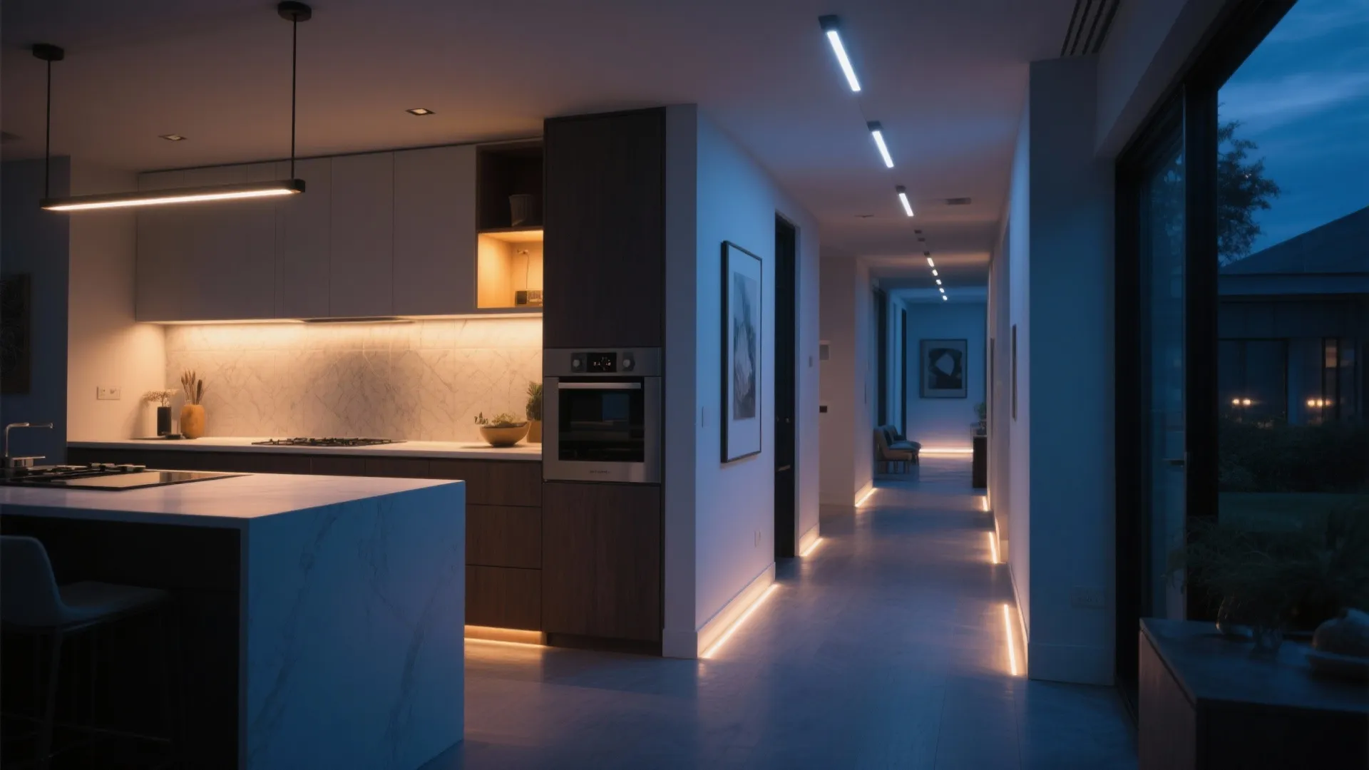Modern hallway and kitchen with warm floor lights and blue ceiling lights creating a dark atmosphere