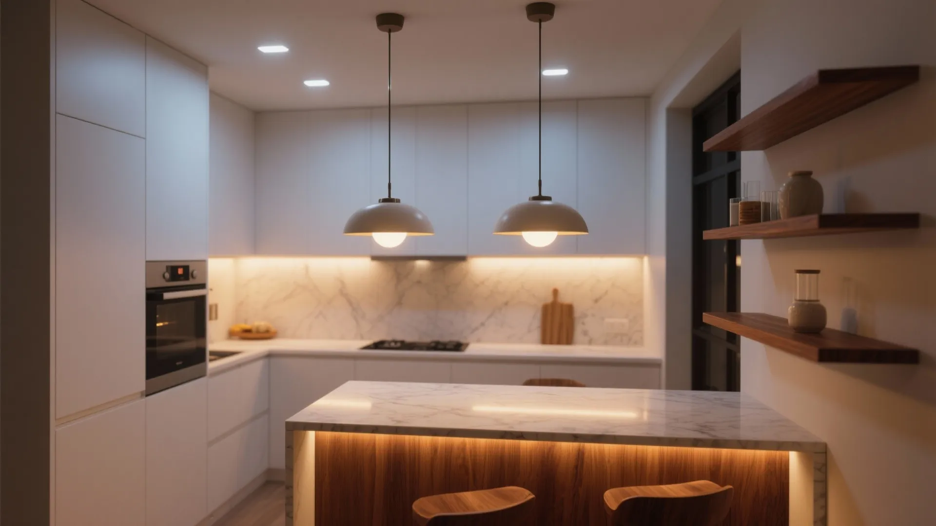 Mid century kitchen illuminated by recessed lights, under-cabinet strips, and globe pendants