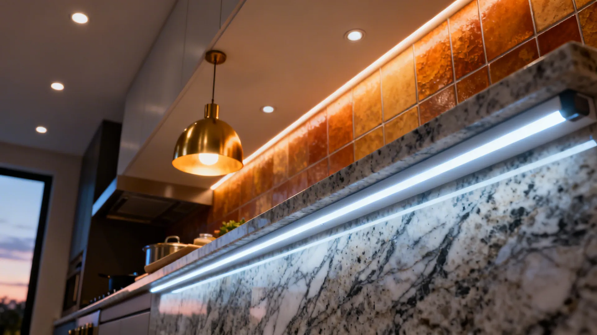 Layered kitchen lighting with under-cabinet, pendant, and recessed fixtures