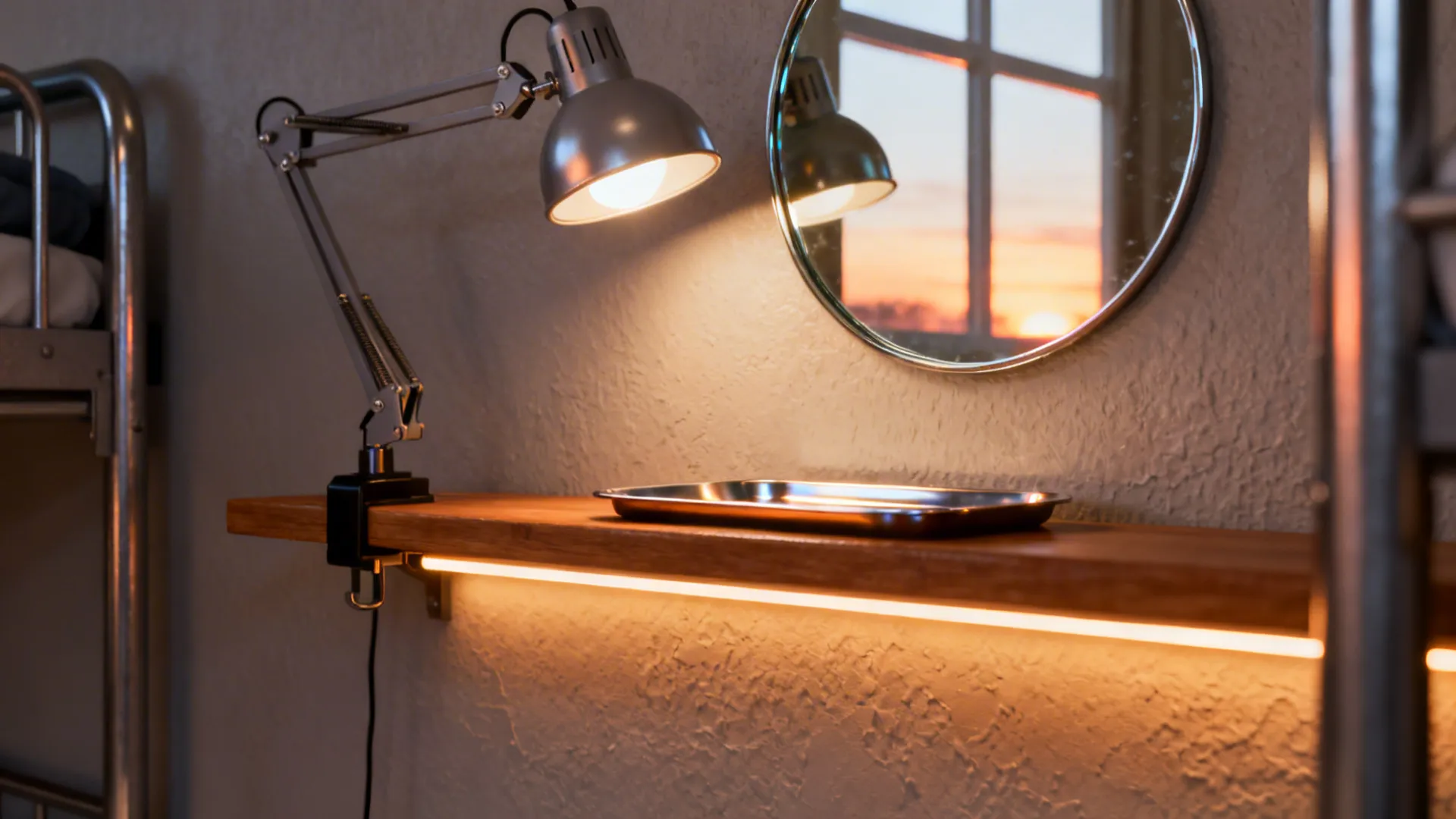Macro view of warm LED strip, clamp lamp, and small mirror reflecting daylight in a hostel room.