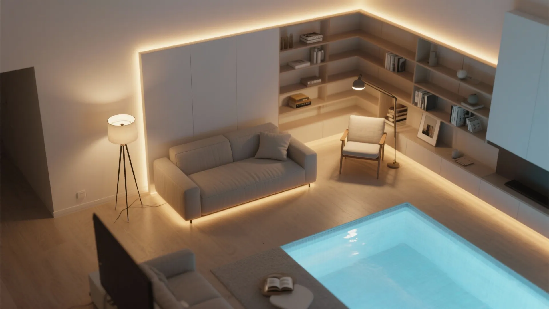 Coohom room layout design showing warm light fixture strips and furniture in a dark room