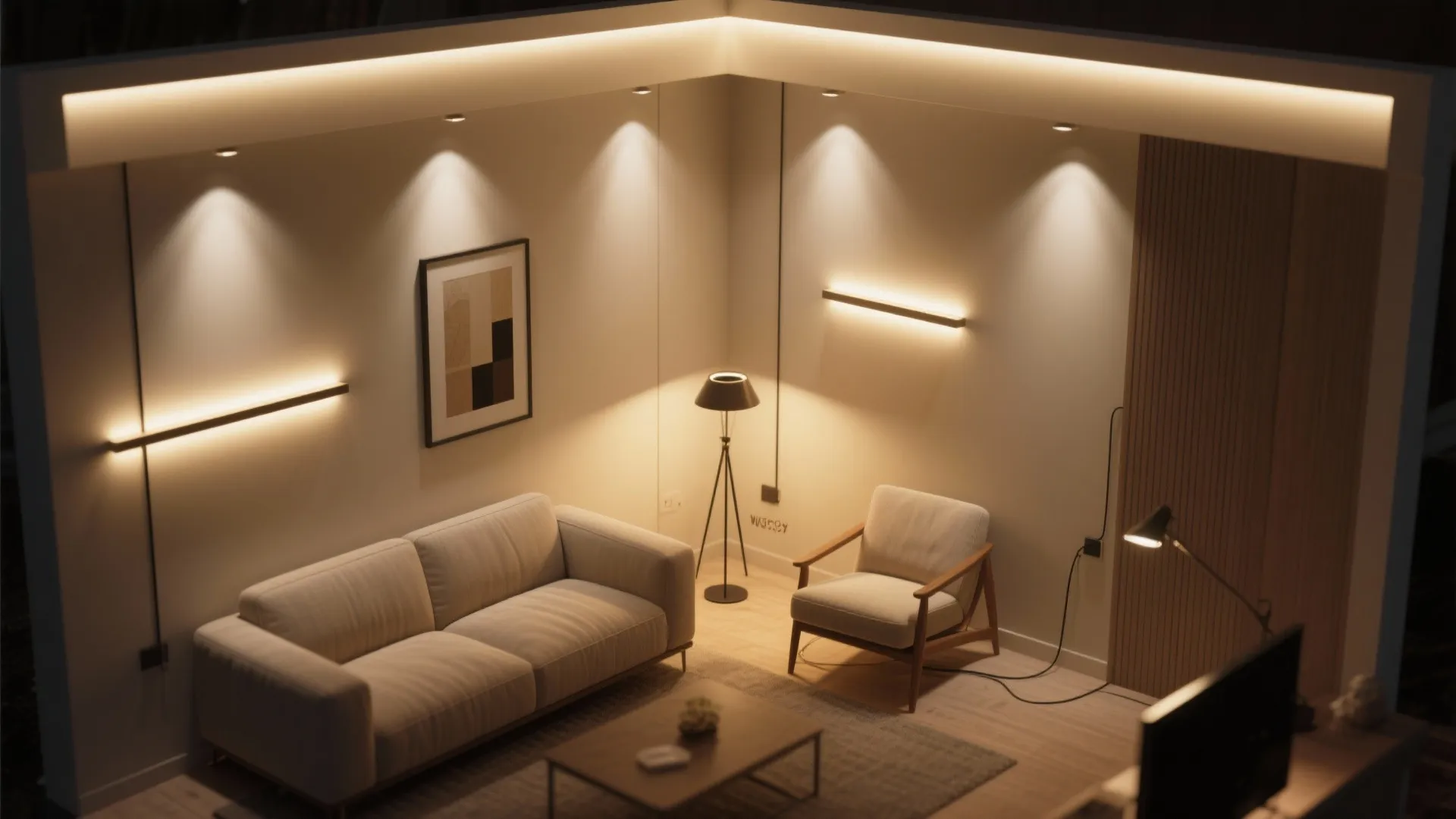 Interior design drawing of living room with white sofa, armchair, floor lamp, and warm lights