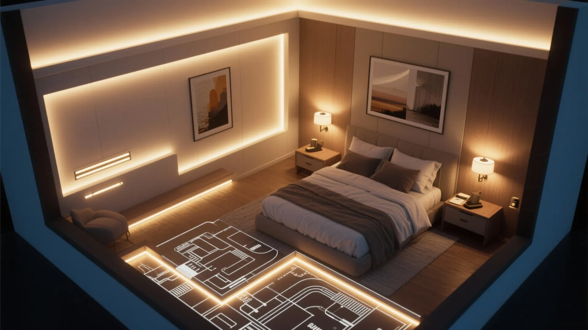 Interior design drawing showing bedroom floor plan lighting layout with warm led strips and lamps