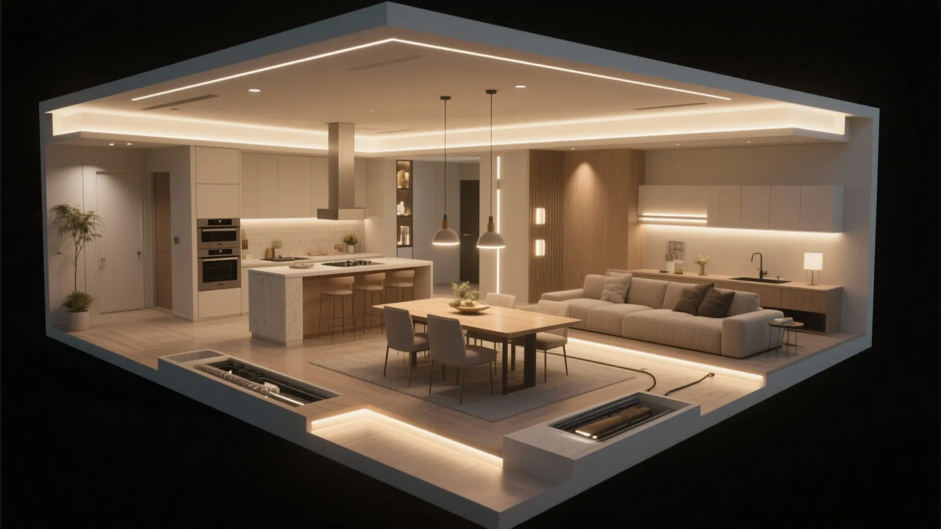 Open plan living area showing warm ceiling light fixtures over the dining table and kitchen