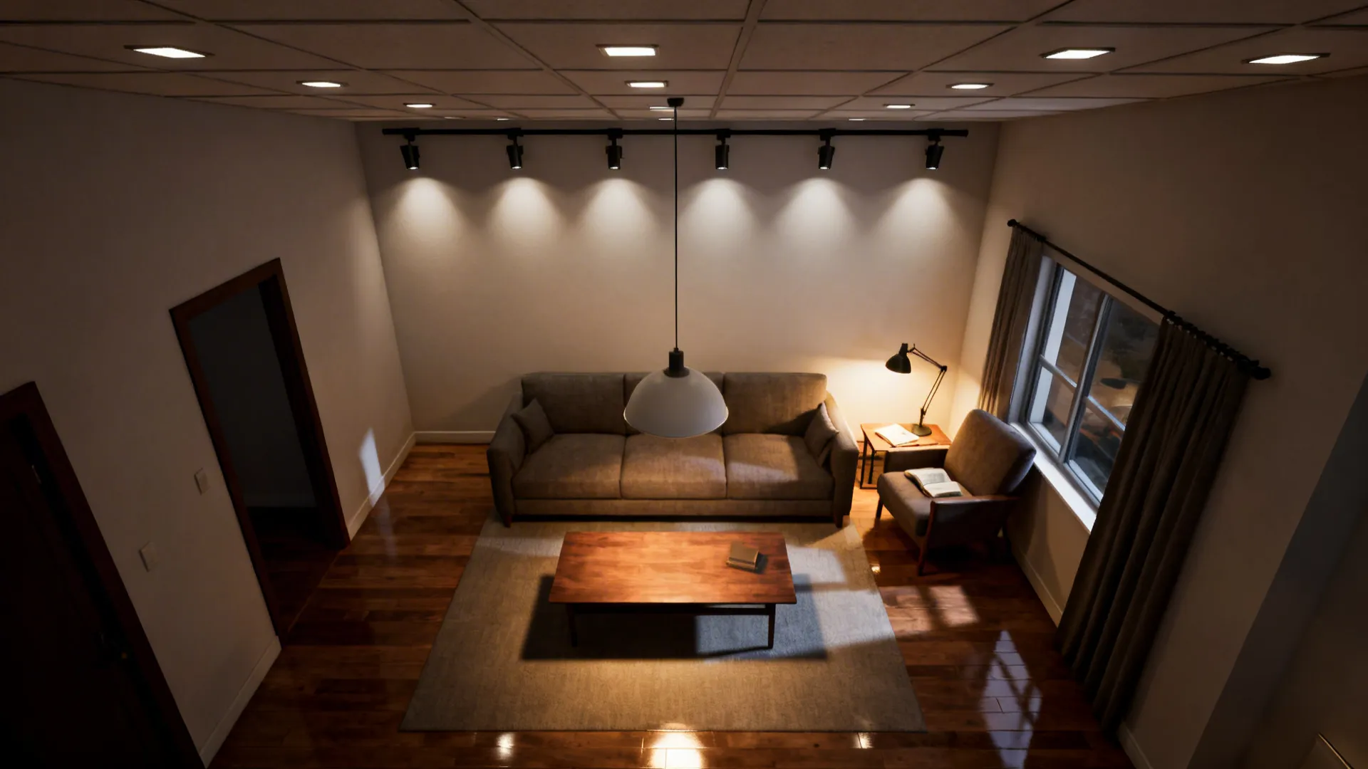 Top-down lighting plan showing ambient, task, and accent placements in a small living room.