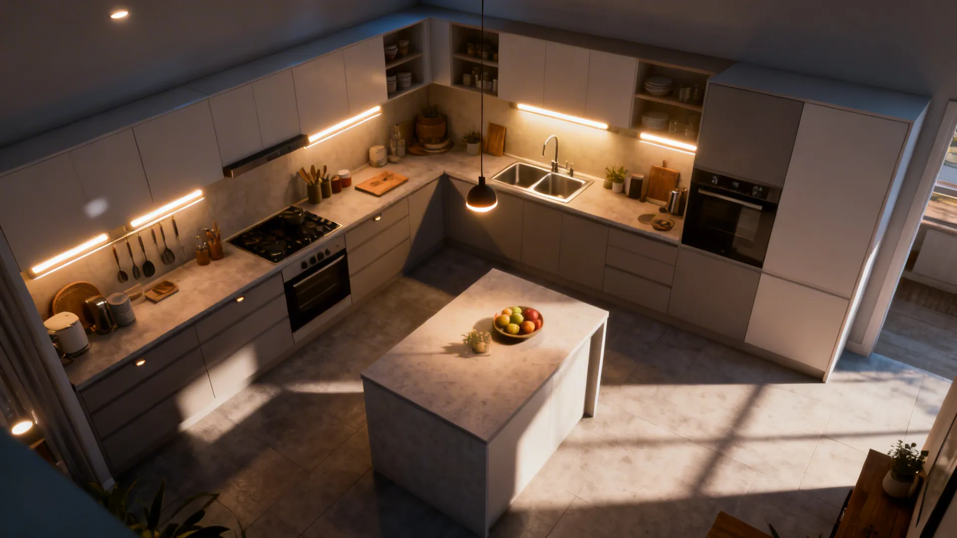 Layered lighting in a small kitchen: under-cabinet, recessed, pendant, and accent lights creating depth