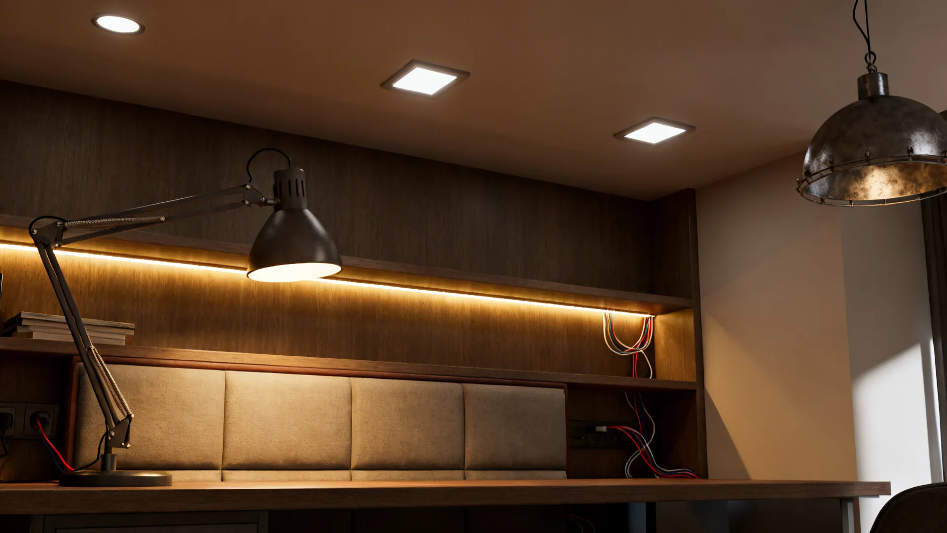 Layered lighting with recessed, task lamp, LED accent strip, and an industrial pendant in a small room