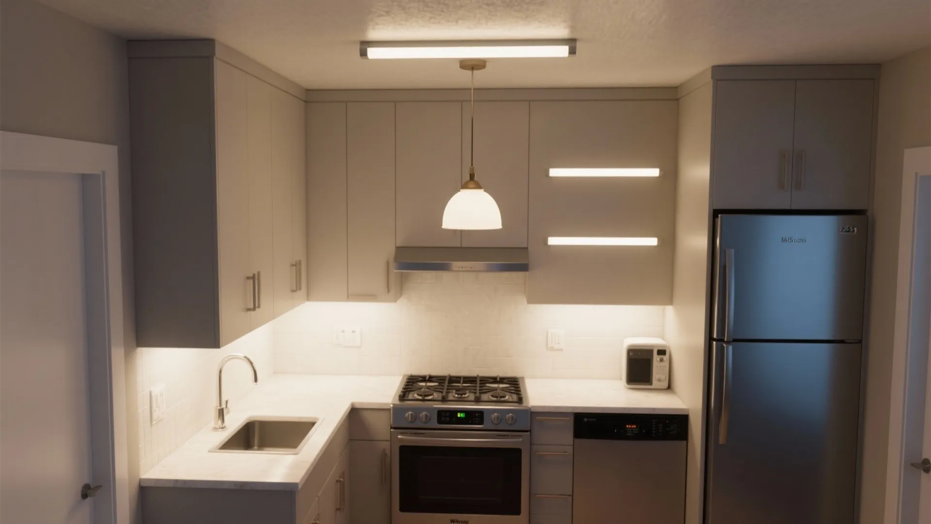 Kitchen interior with multiple light sources including ceiling light pendant light and under cabinet lighting