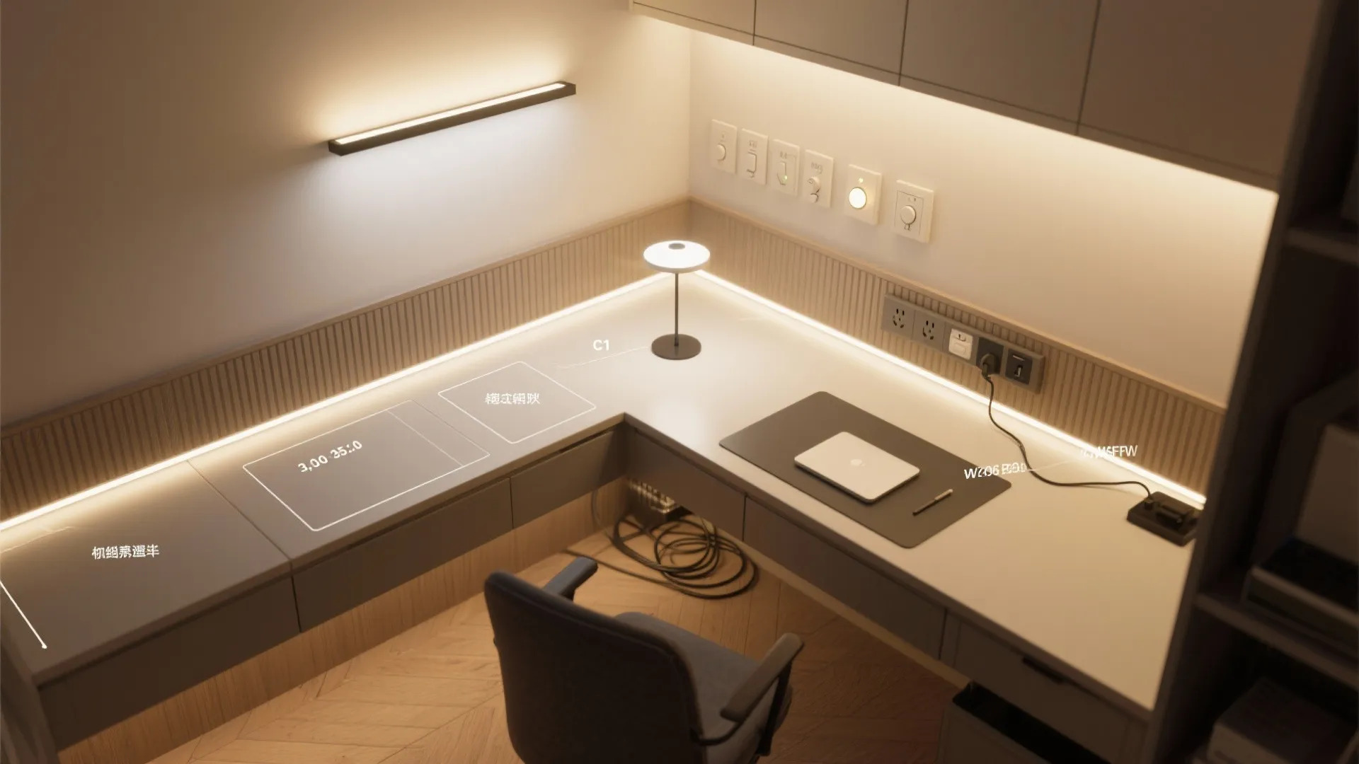 Task-first lighting layers for long work hours