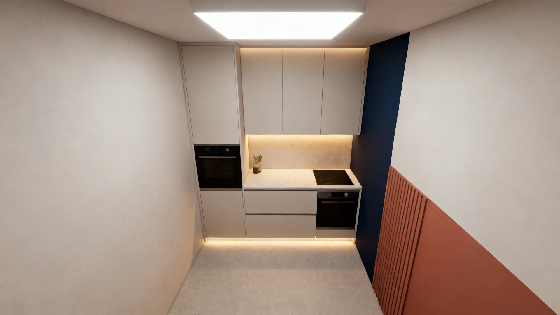 Top-down compact kitchen showing ambient, task lighting, and accent color zones.