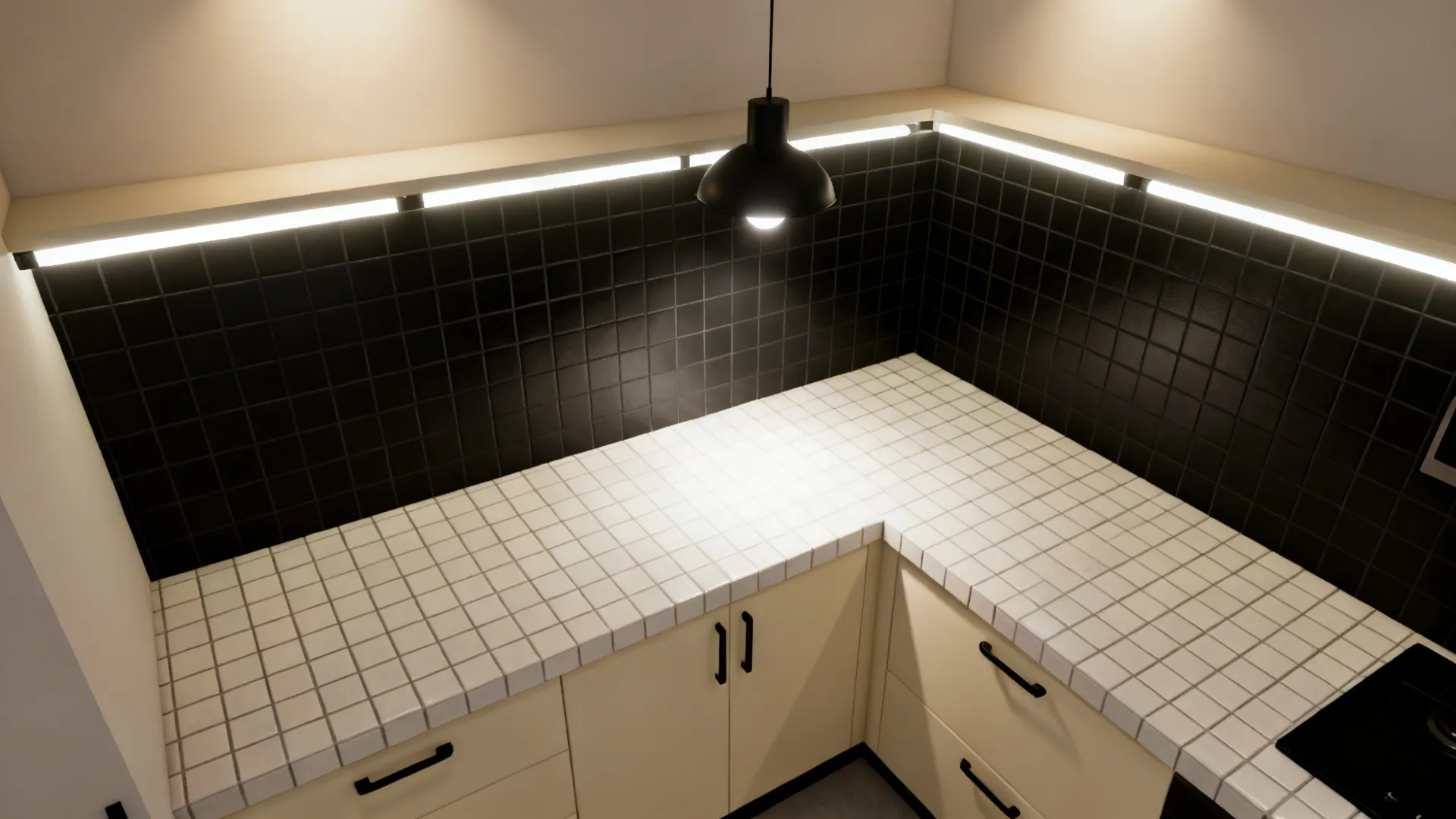 Top-down view illustrating ambient, task, and pendant lighting over a black-grouted tile backsplash.