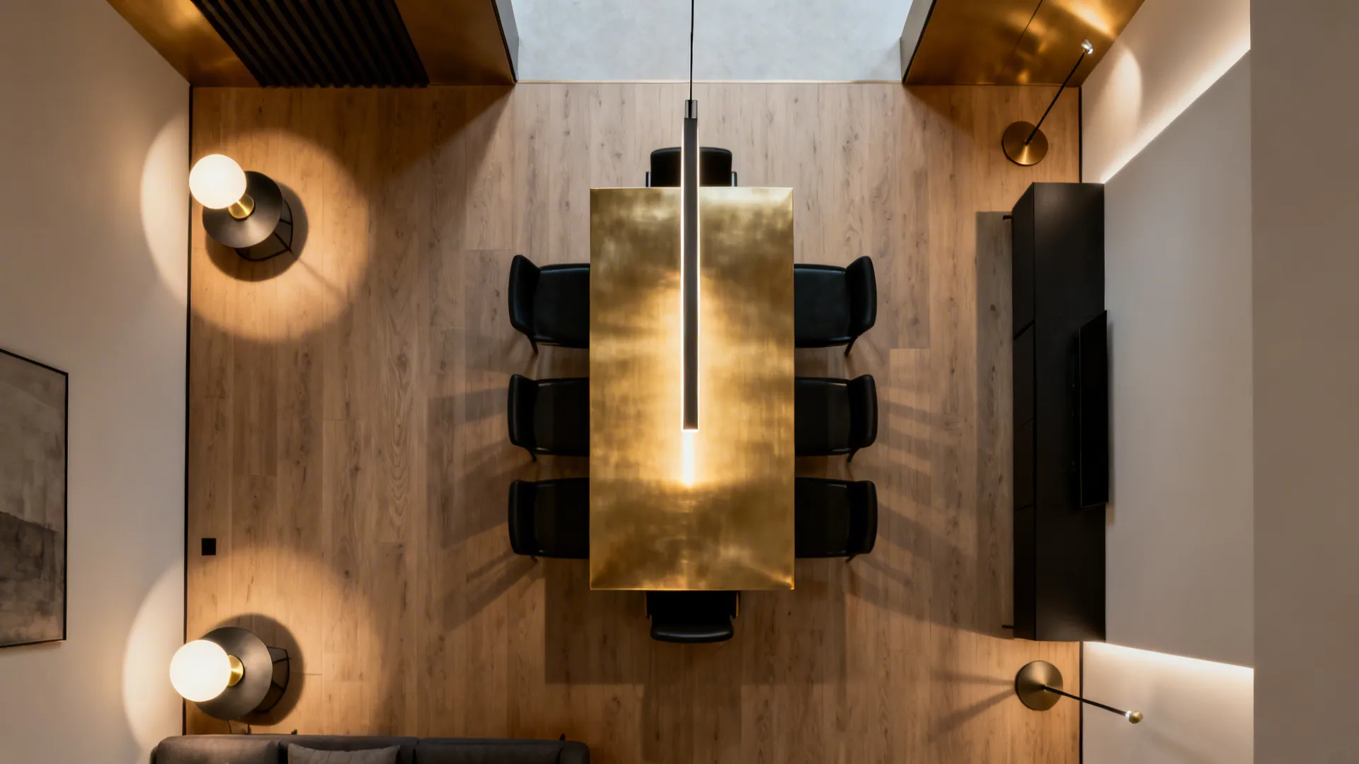 Top-down view of L-shaped room with a linear dining pendant and two lounge lamps creating layered light.