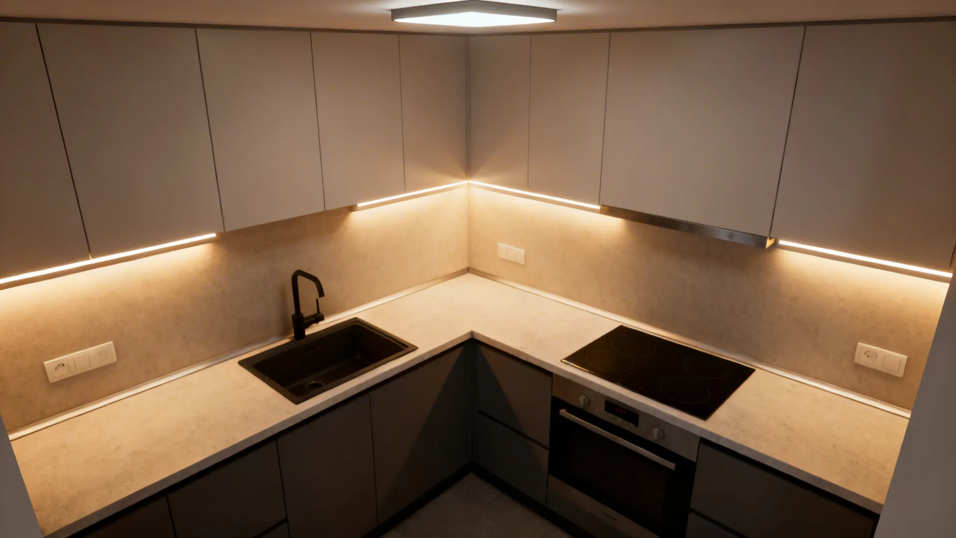 Top-down view showing task, ambient, and accent lighting layers in a small L kitchen.