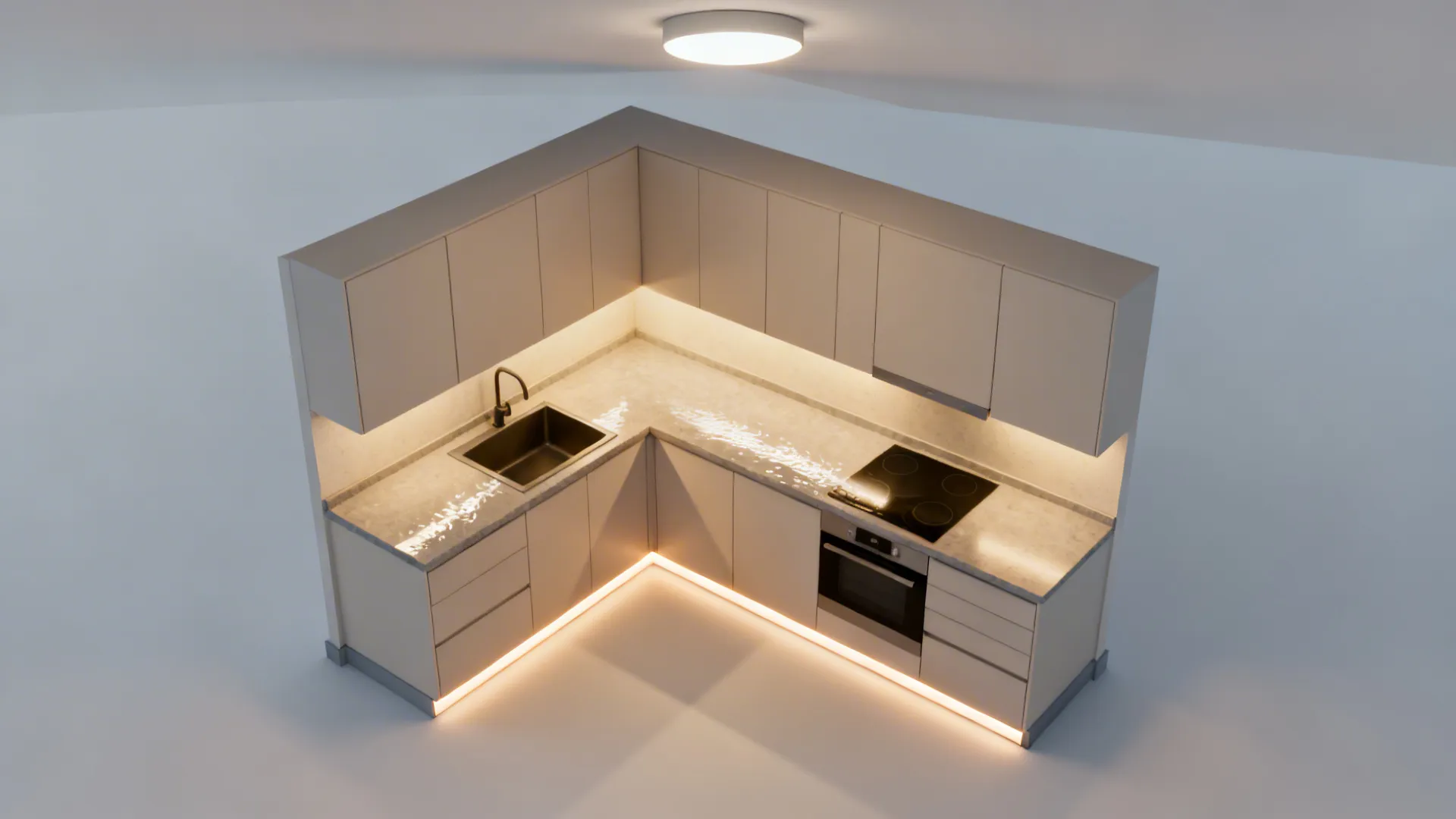 Top-down view illustrating under-cabinet, toe-kick, and ceiling lighting layers.