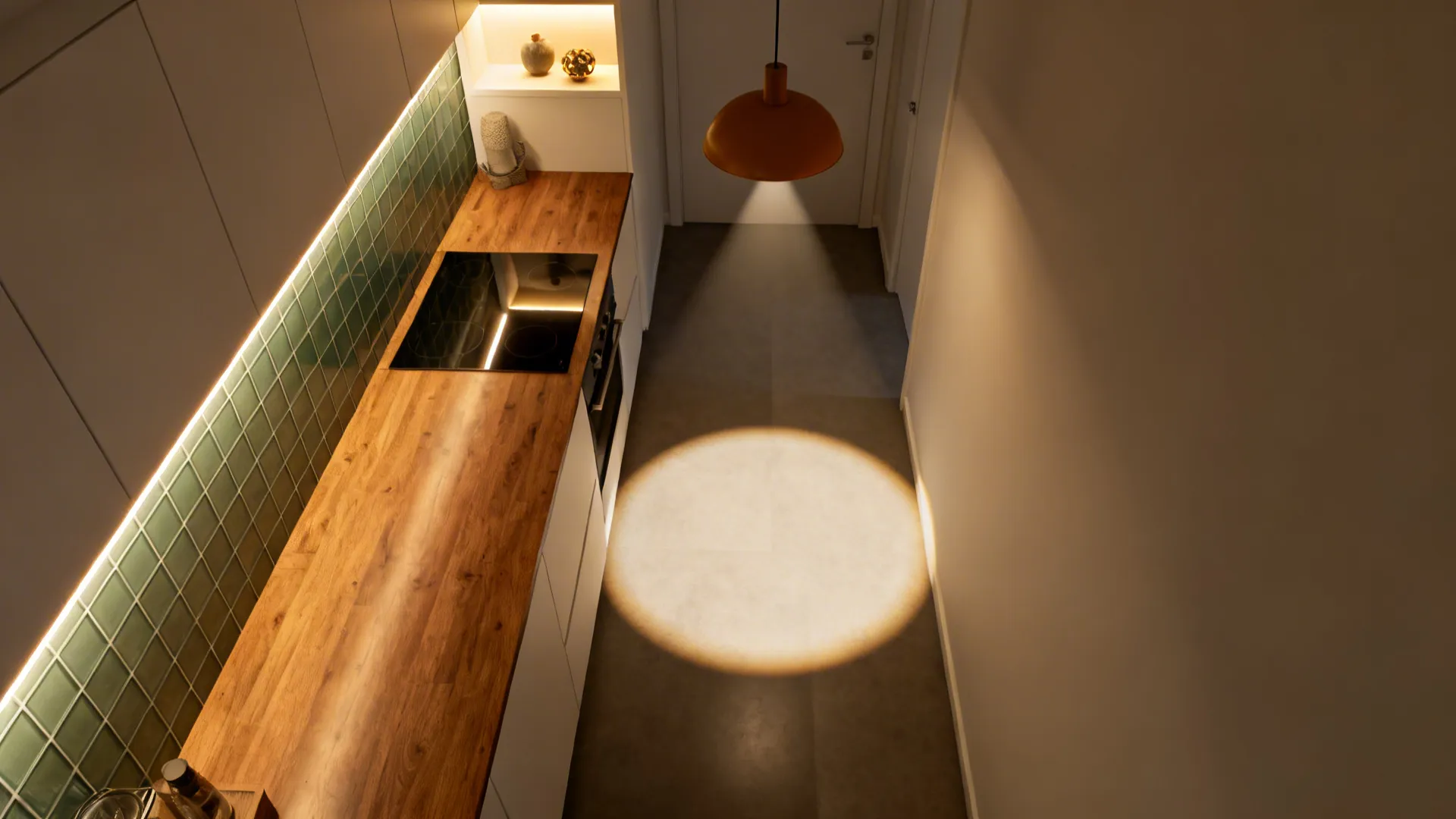 Top-down plan showing under-cabinet LED strips, a warm pendant, and shelf accent lighting in a small kitchen.