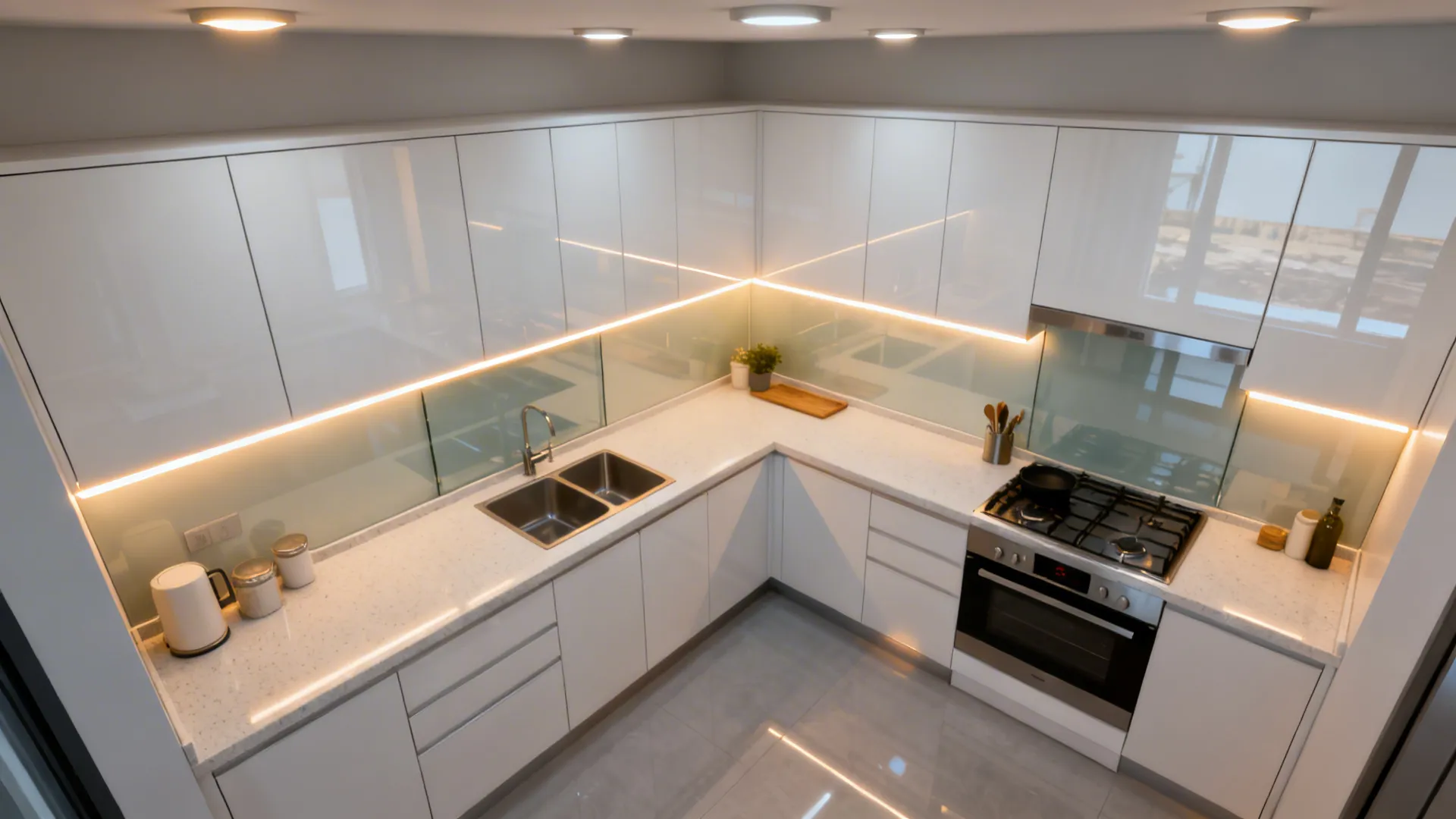 Top-down view of a compact kitchen showing ambient, task, and accent lighting layers.