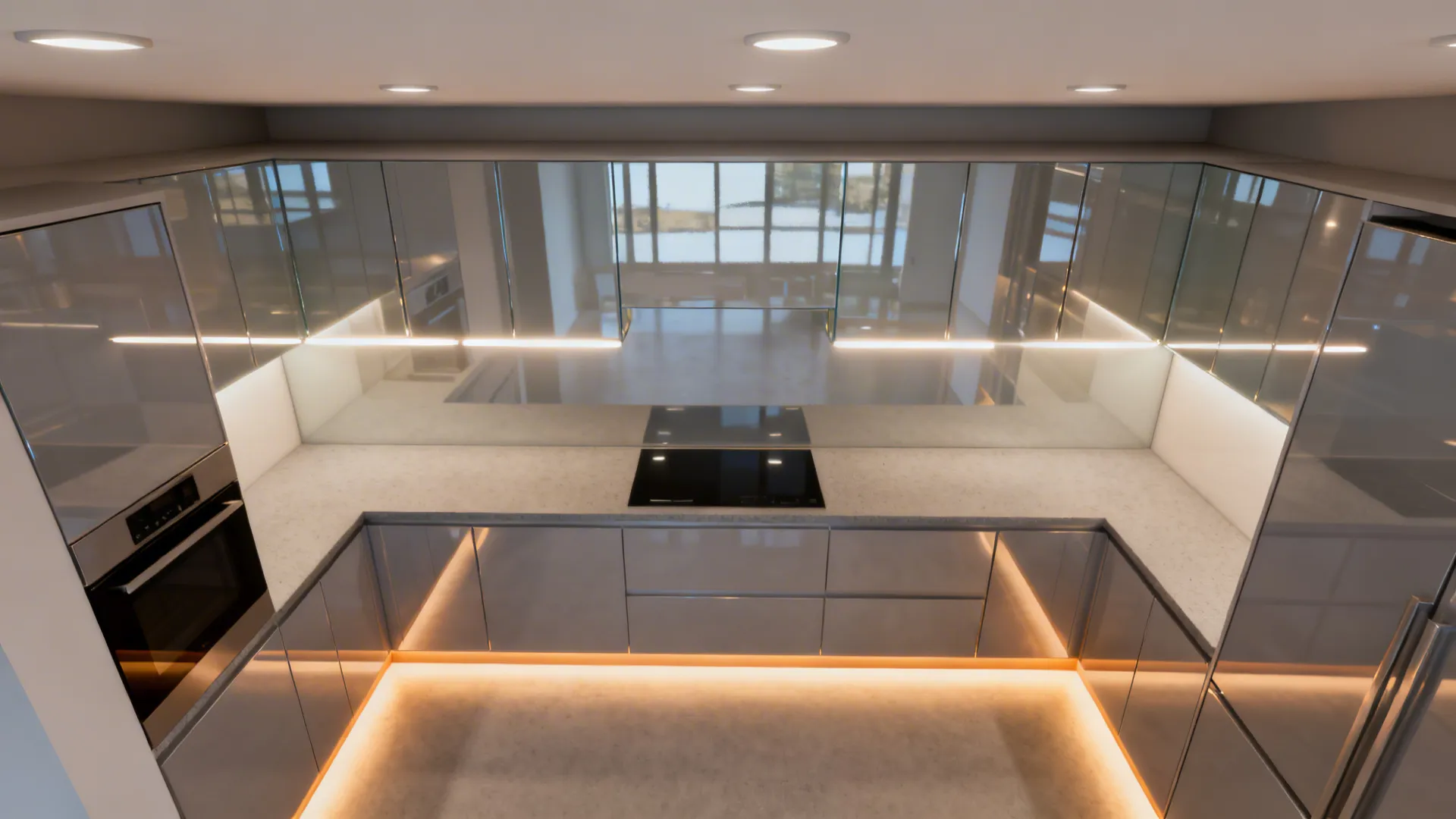 Top-down view illustrating layered lighting and reflective backsplash in a compact kitchen.