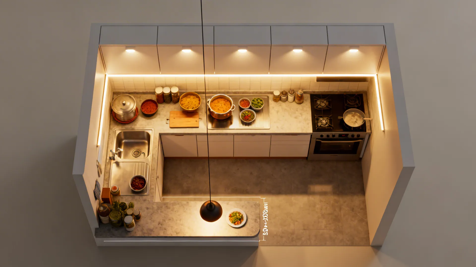 Top-down scene showing ambient panels, under-cabinet LED strips, and a small pendant over a ledge.
