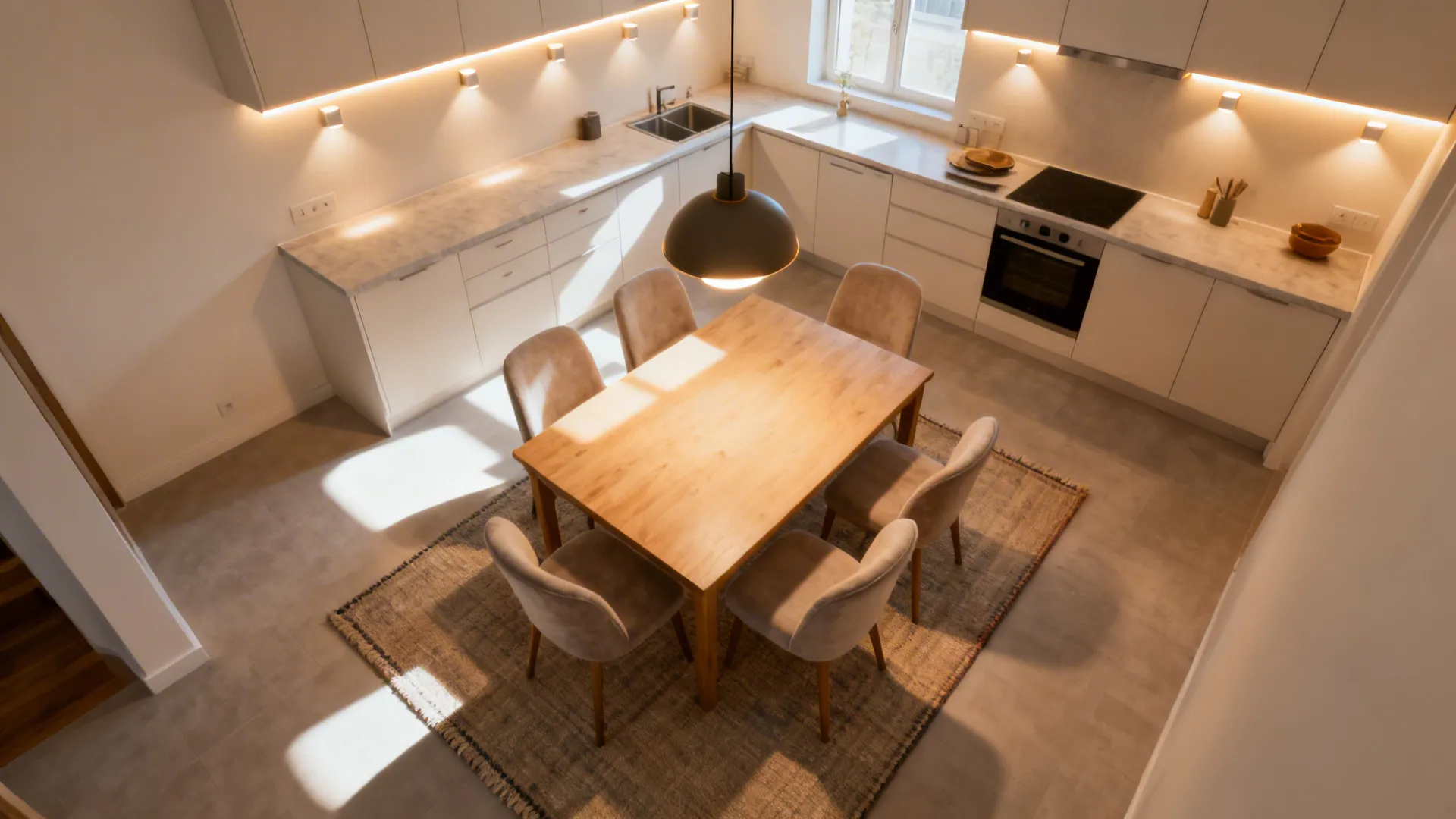 Top-down view illustrating pendant, task, and ambient lighting with soft furnishings.