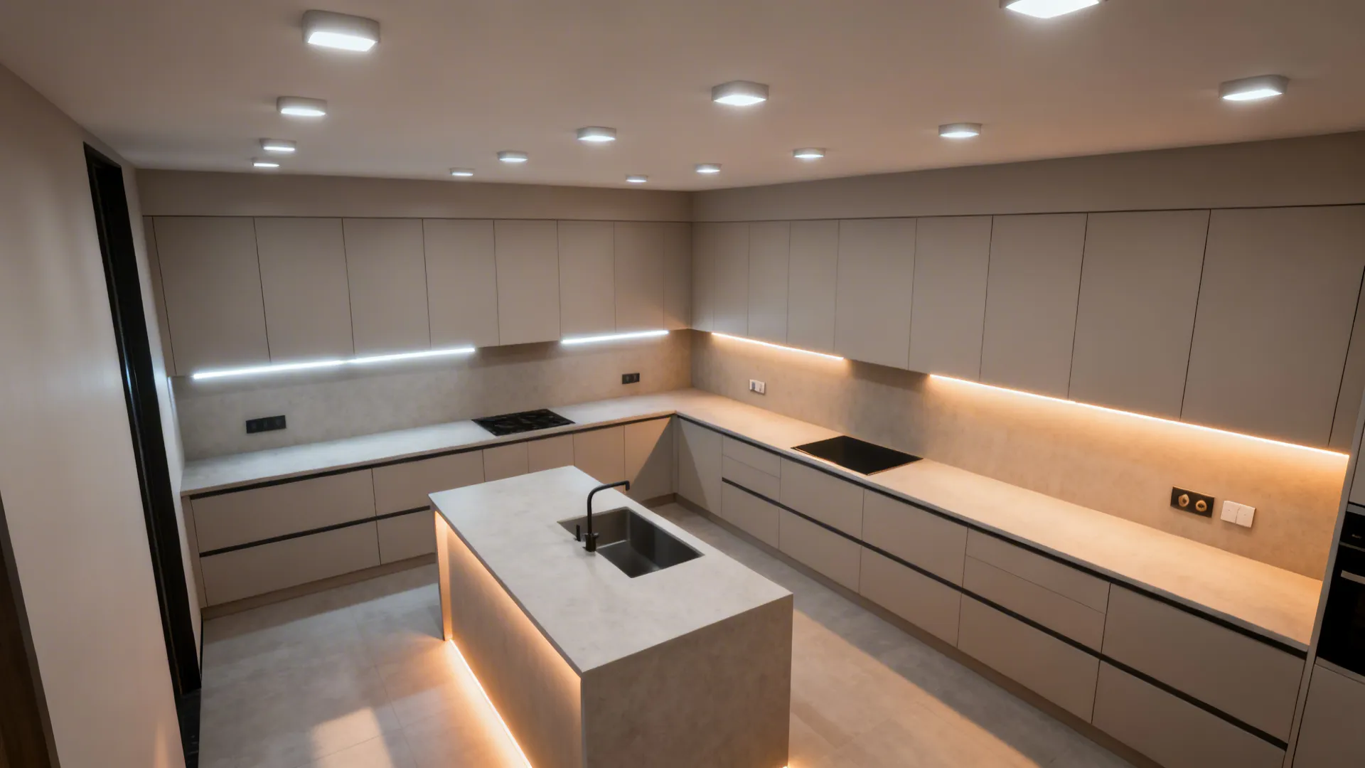 Top-down view showing ambient, task, and accent lighting zones in an open kitchen hall.