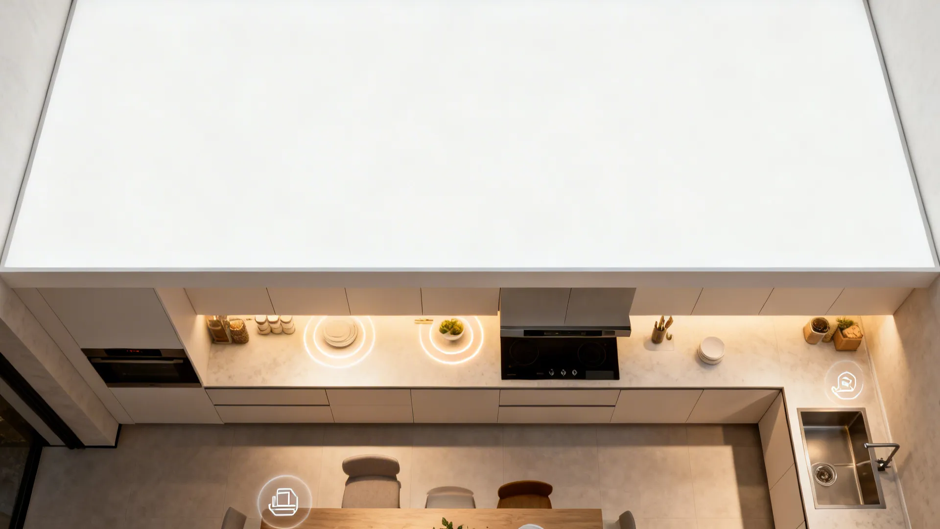 Top-down visualization of ambient, task, and accent lighting zones on a gypsum ceiling.