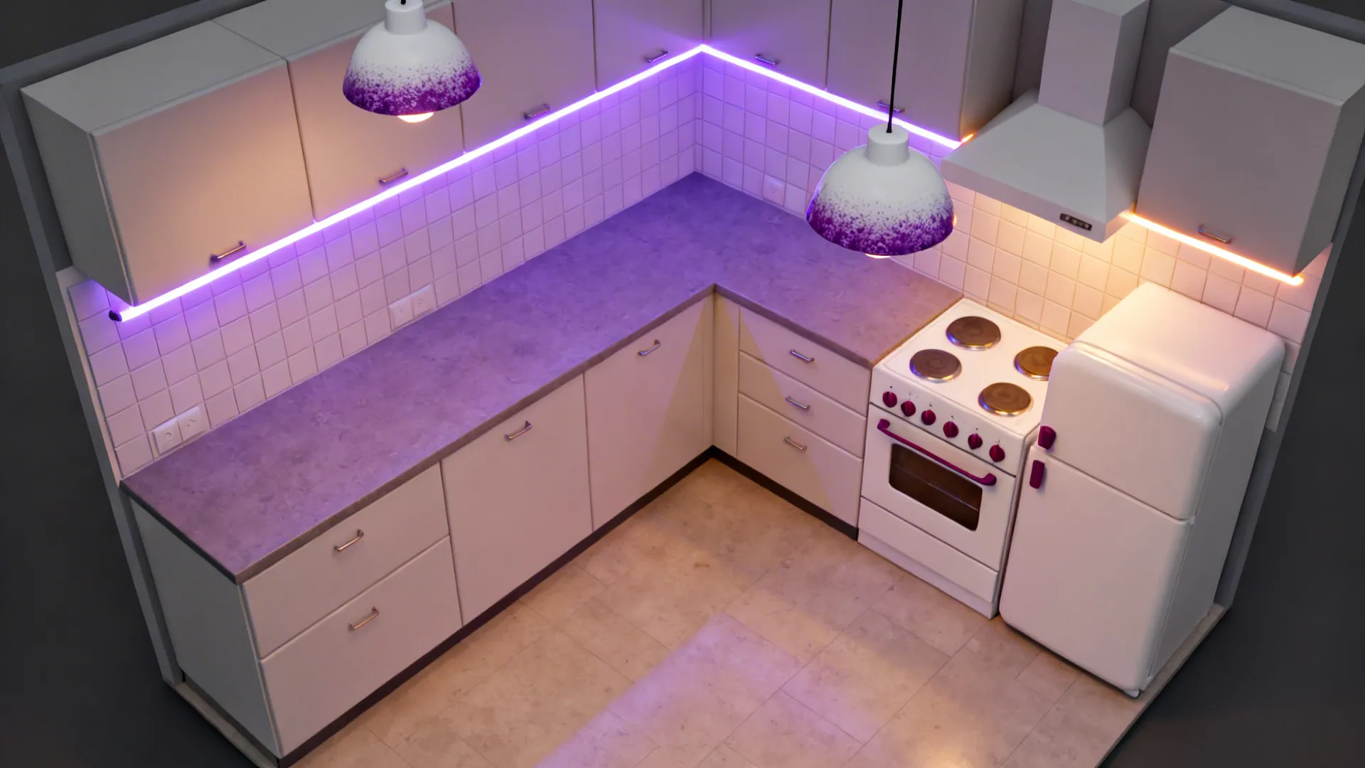 Two-Tone Appliances and Lighting: White Bodies, Purple Accents