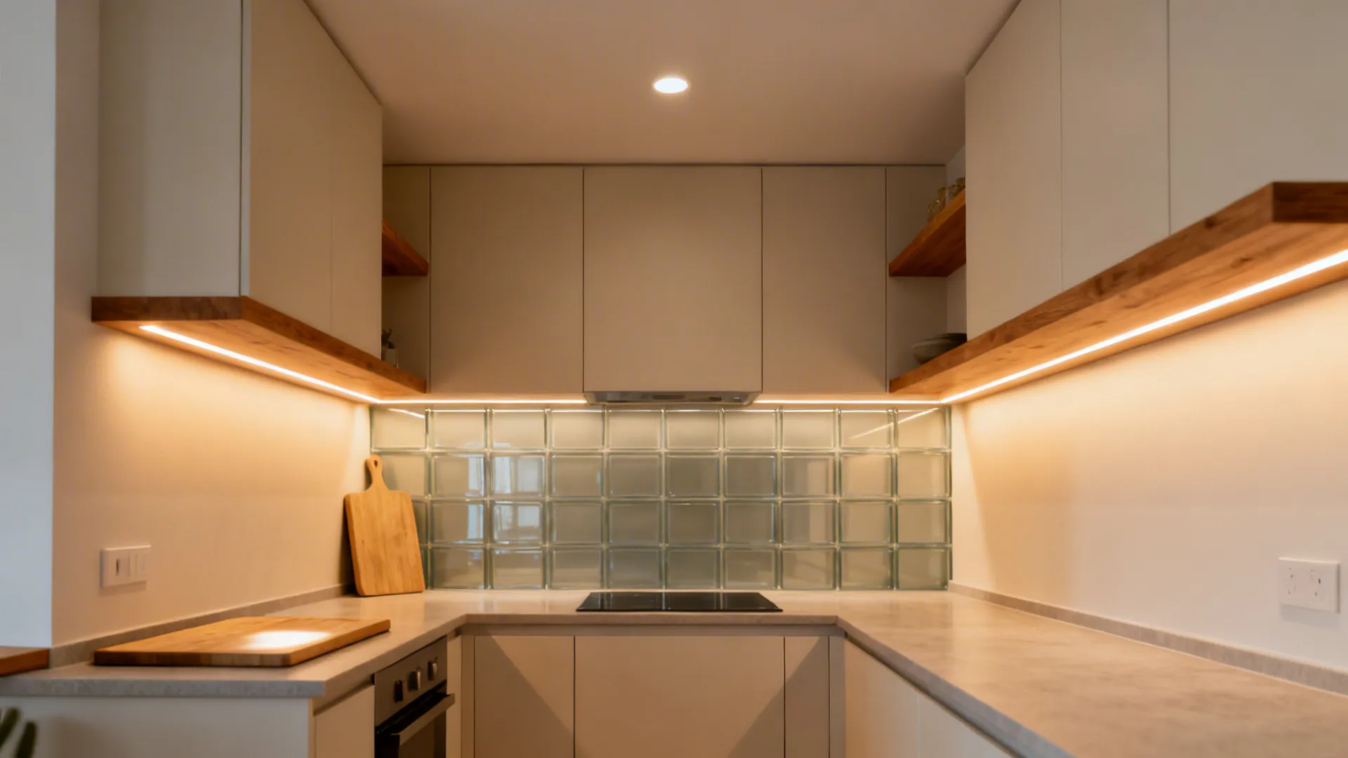 Layered lighting in a small L kitchen with warm task LEDs, ambient ceiling light, and a wall washer.
