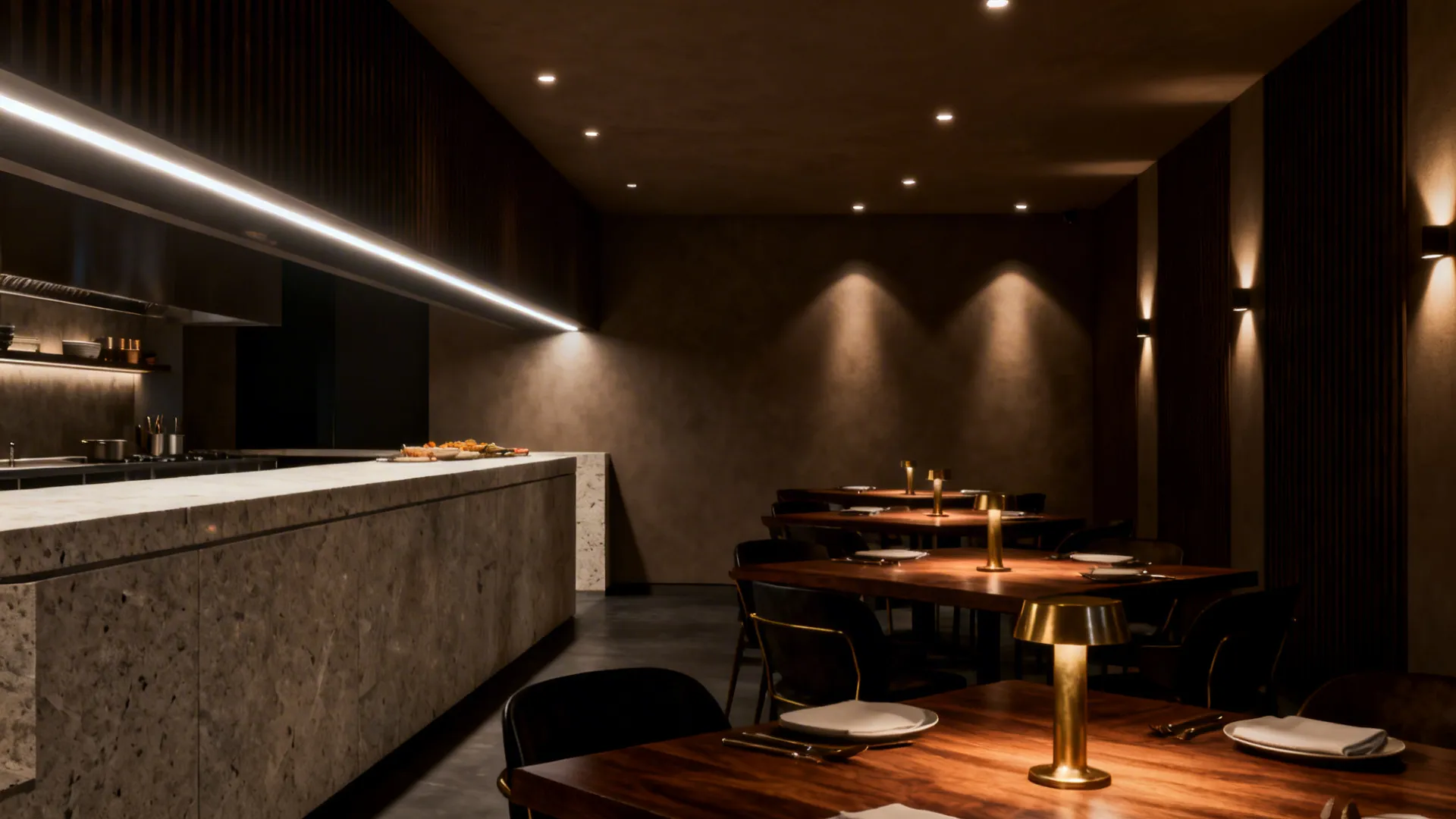 Dining room with low-glare linear at the pass and deep-recess downlights crafting warm layered lighting.