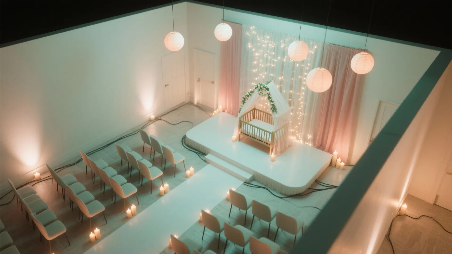 Interior design drawing of an event room with chairs candles and a baby crib stage
